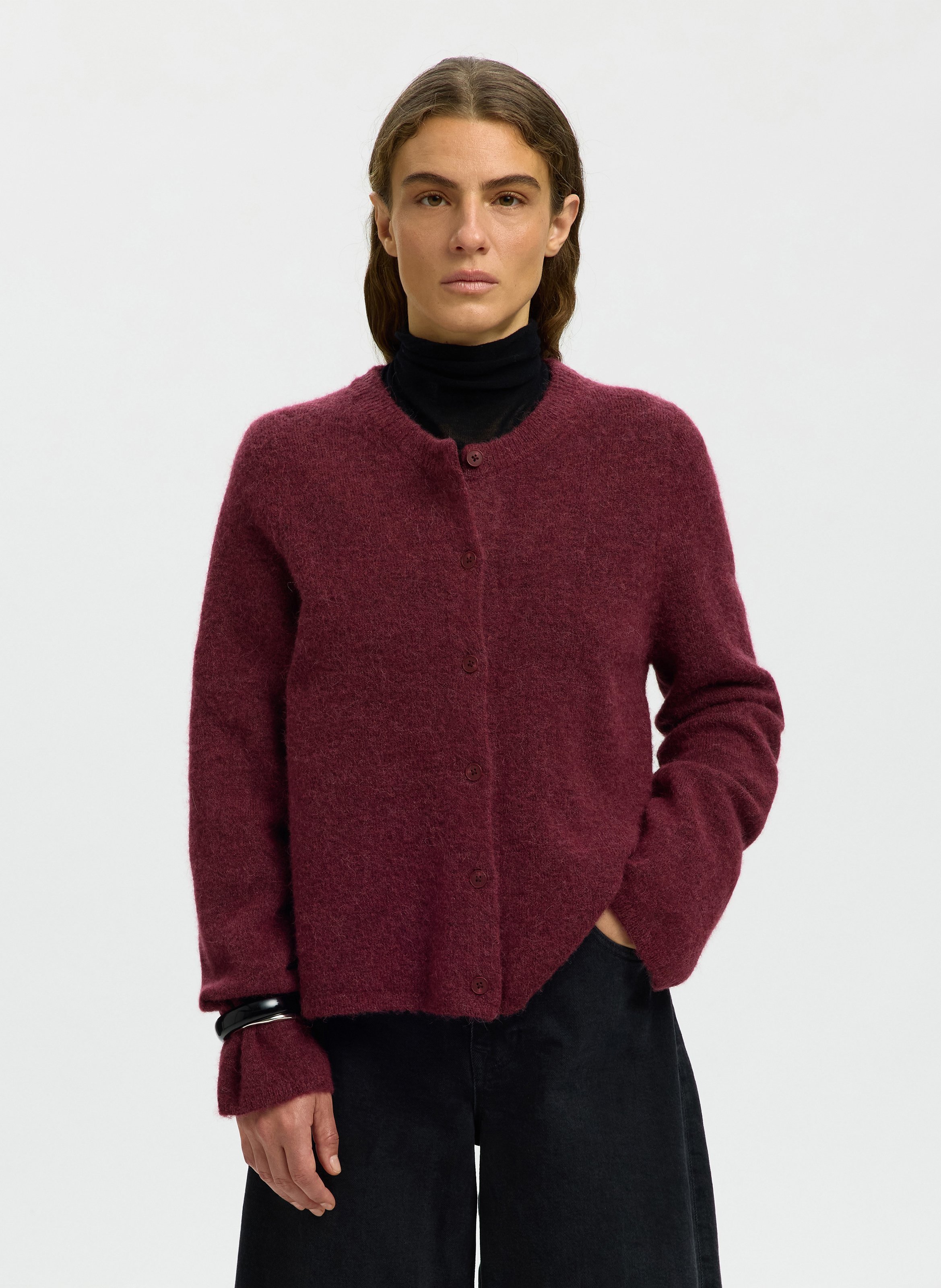 Round-neck mixed-knit cardigan SELECTED