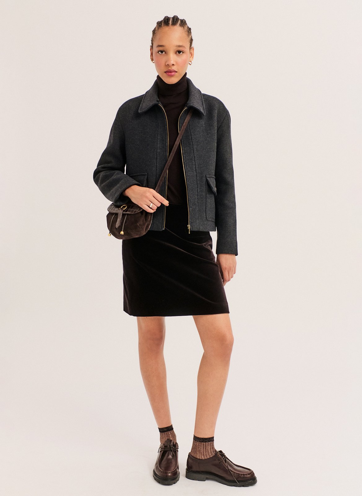 Manteau court col en fausse fourrure en laine mélangée PABLO Gris