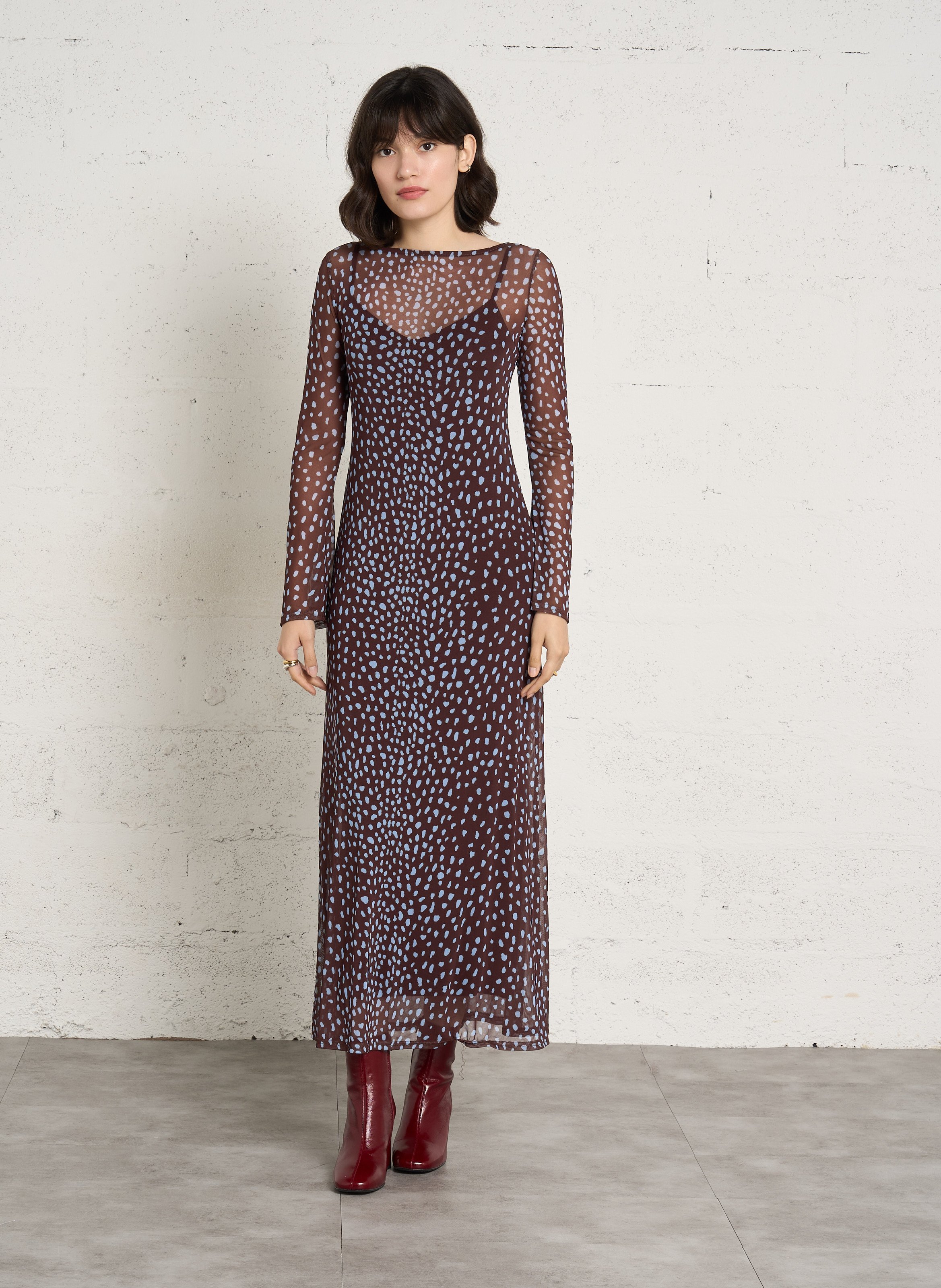 Long printed round-neck dress NEVER FULLY DRESSED Brown