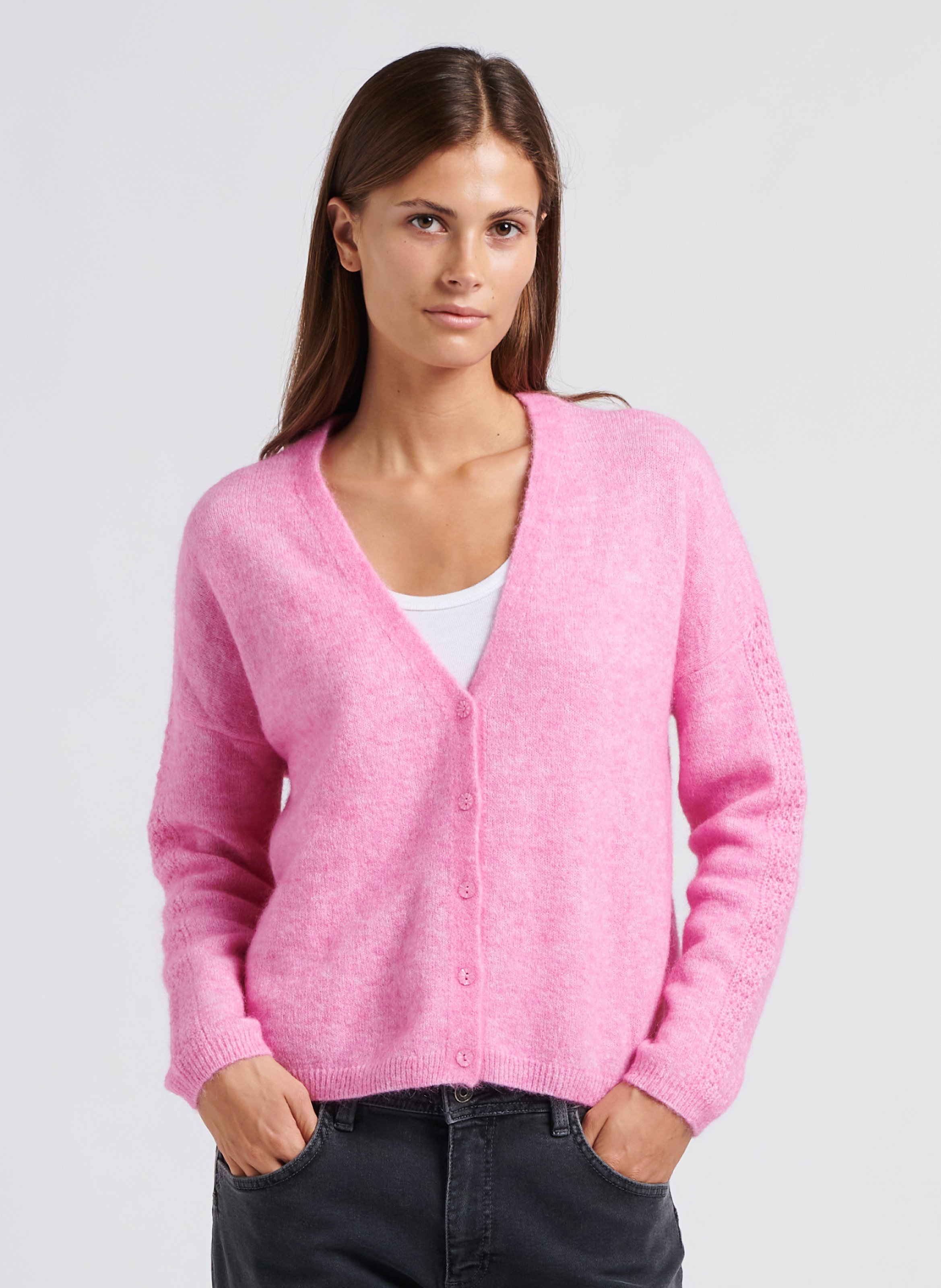 Gilet col V en maille m lang e Rose