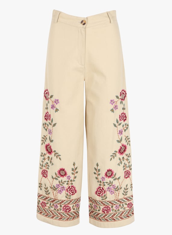 Wide high-Waisted embroidered organic cotton trousers Brown Louise