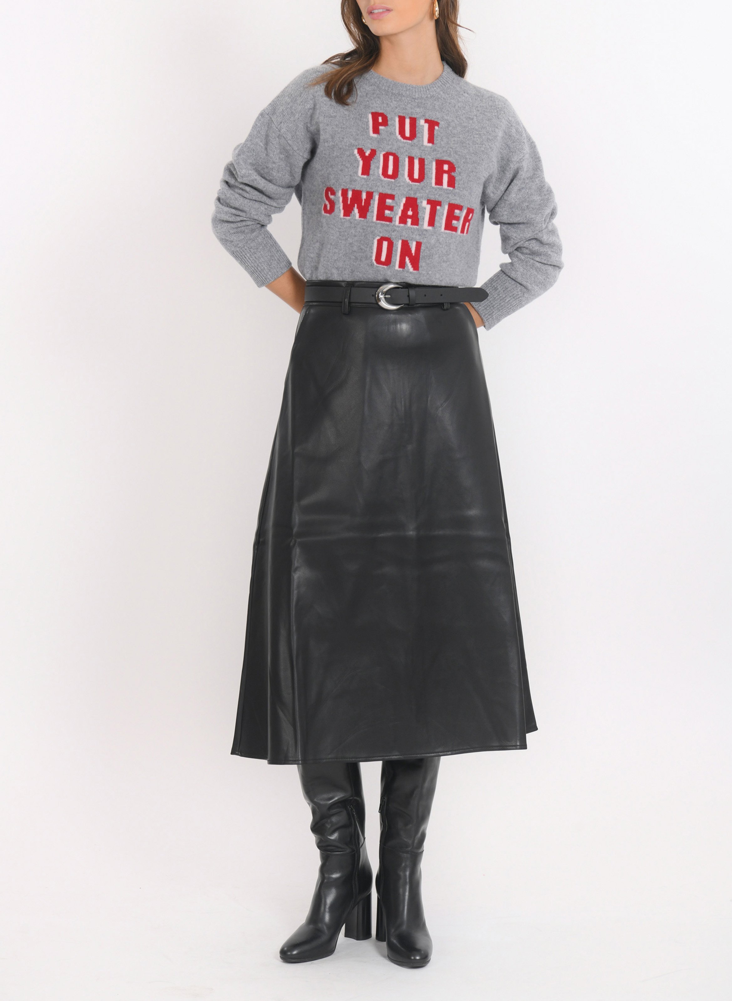 Jupe midi évasée effet cuir KOOKAI Noir