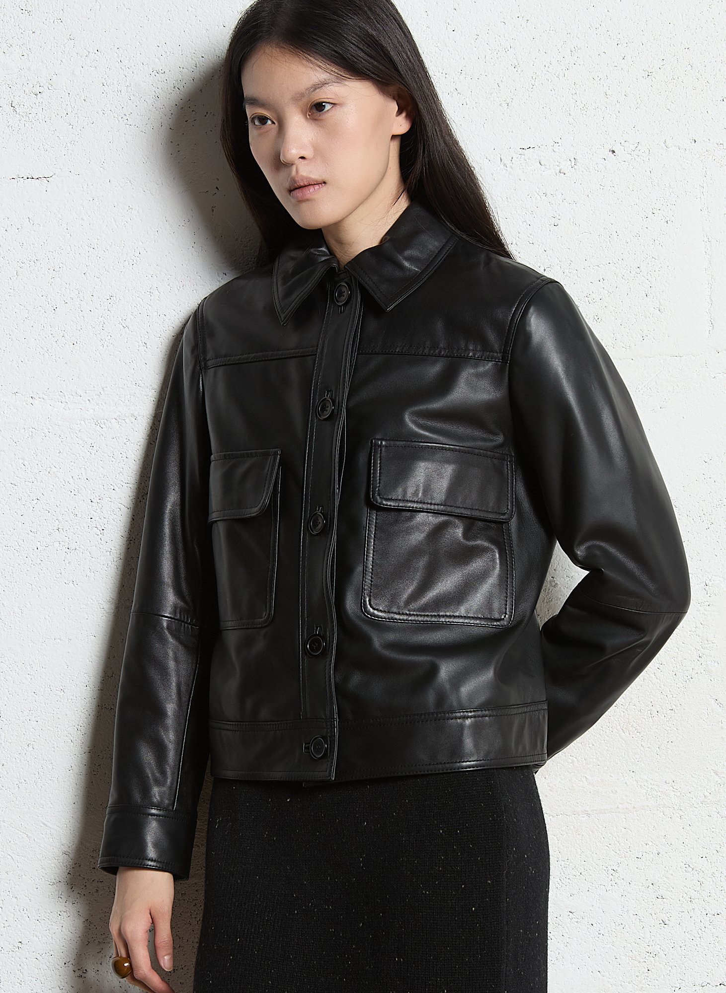 Veste droite boutonnée en cuir MAISON 123 Noir