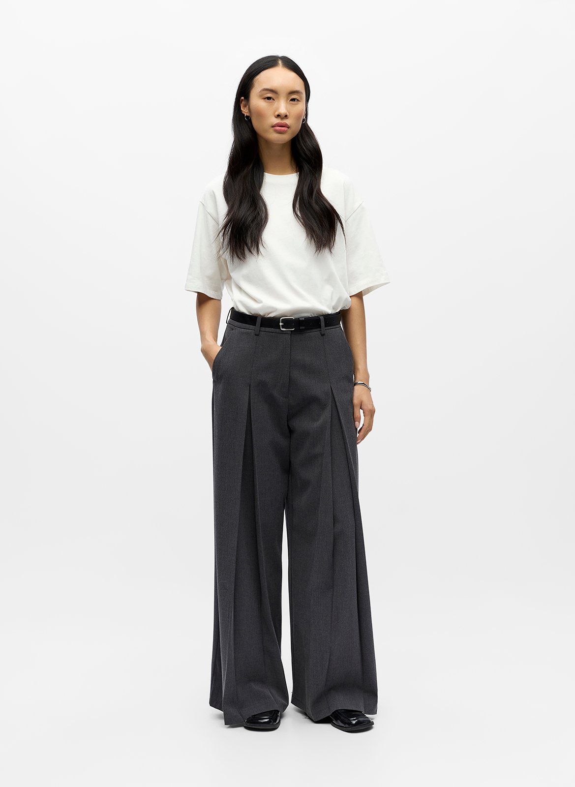 Wide plain pleated trousers OBJECT Grey