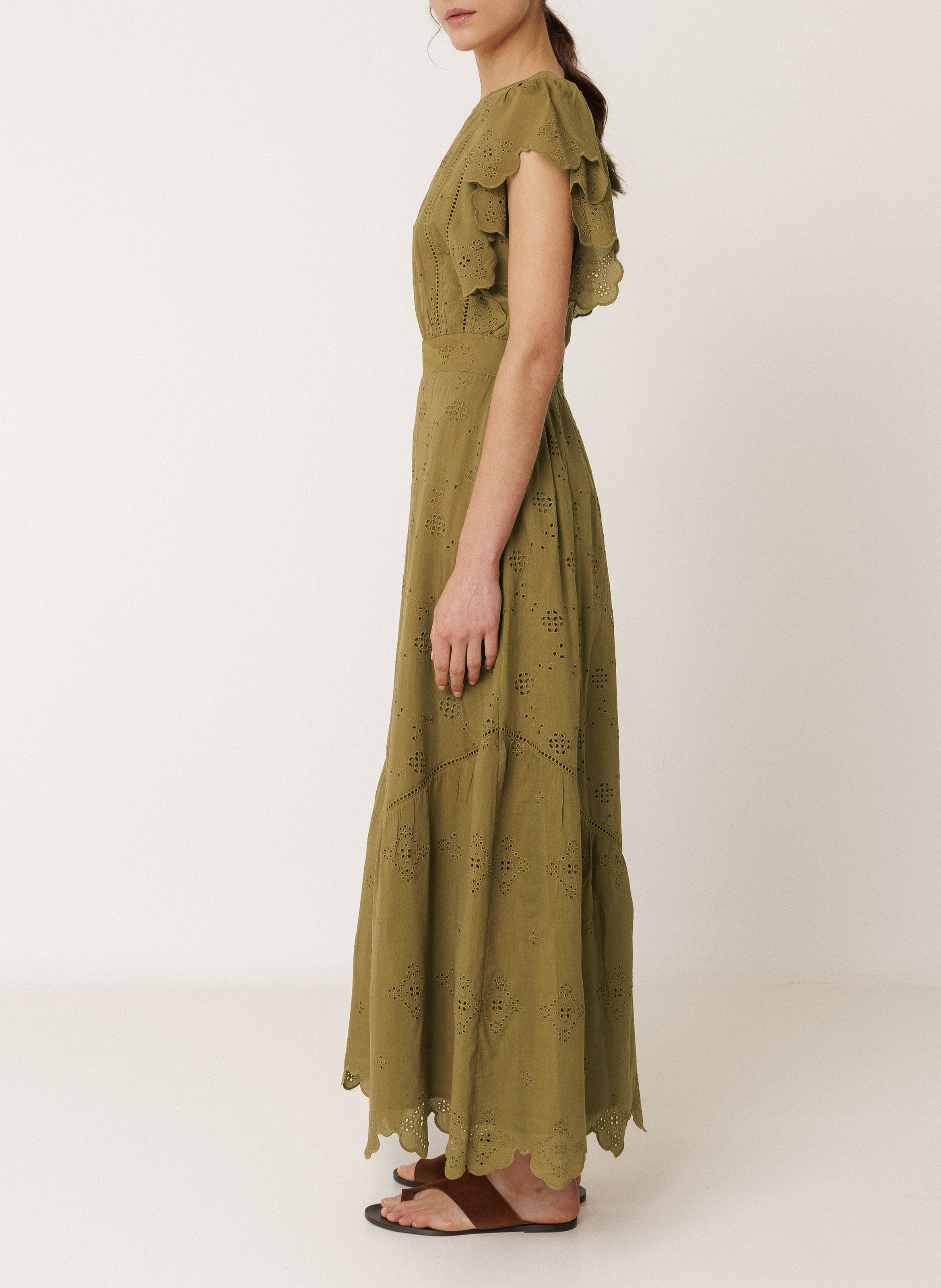 Robe longue brodée unie INDI & COLD Kaki