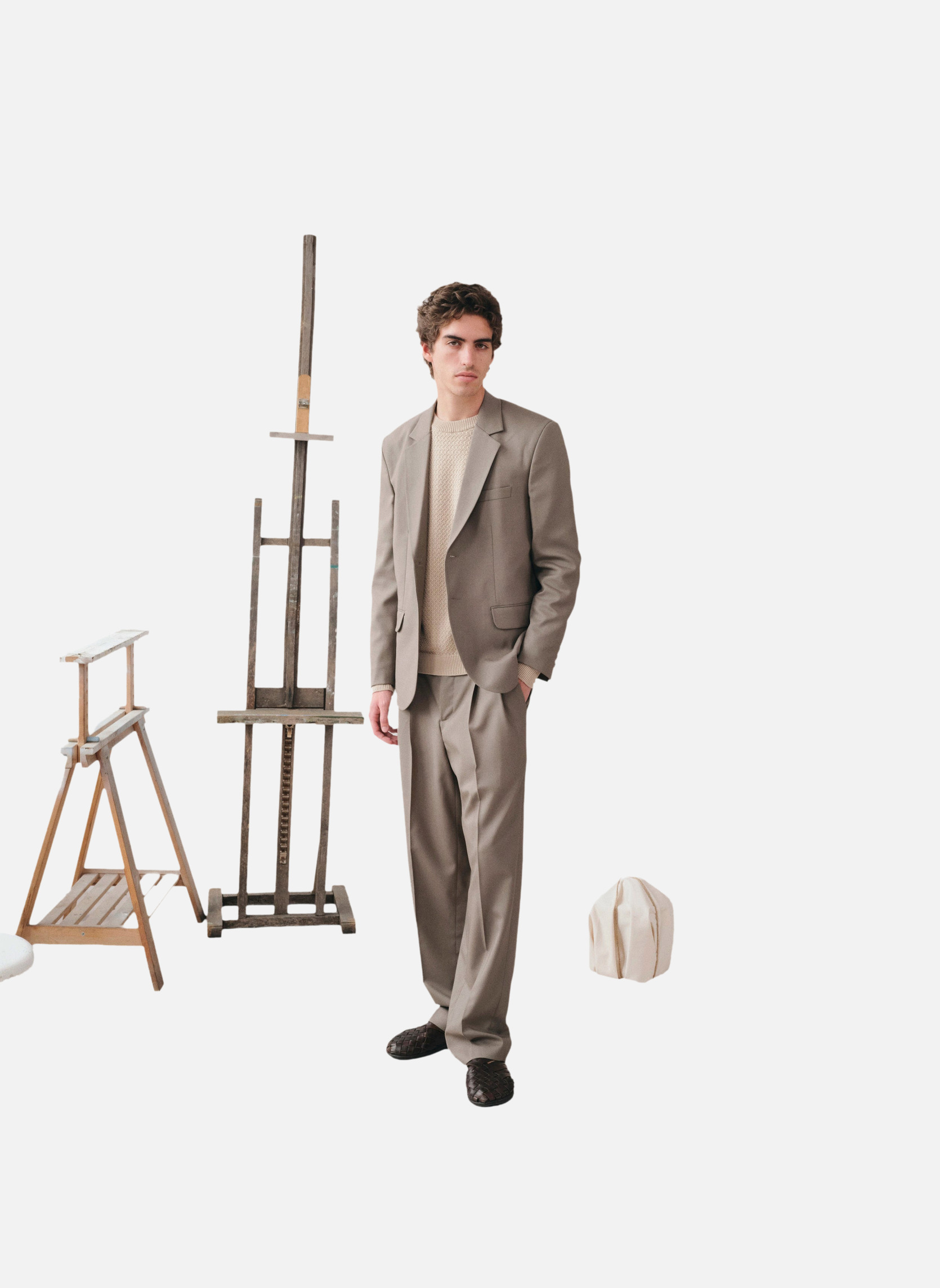 Wide-leg pleated pants by LOTTEN STONE | Beige Noyoco Men
