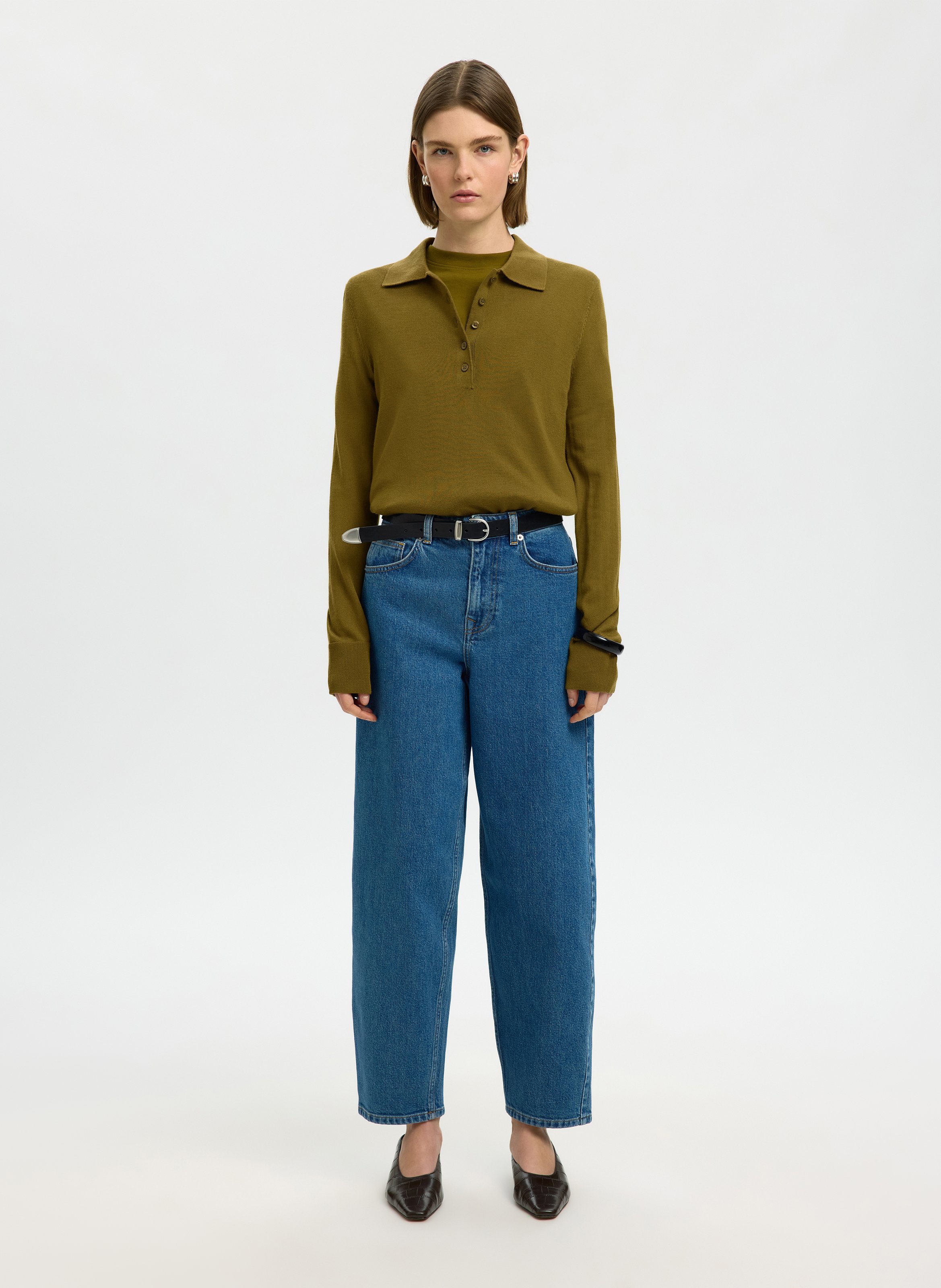 Polo manches longues chiné en laine SELECTED Vert