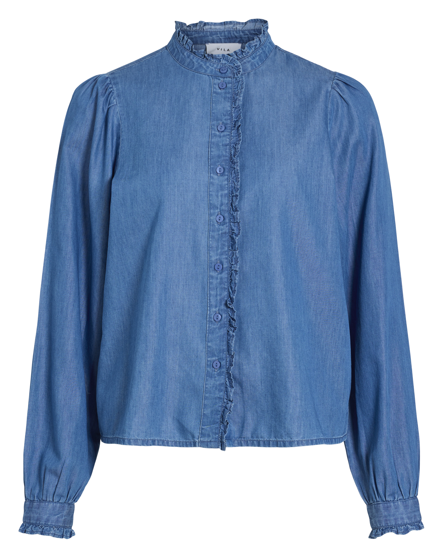 Straight fit round neck blouse with ruffles in organic cotton VILA Blue