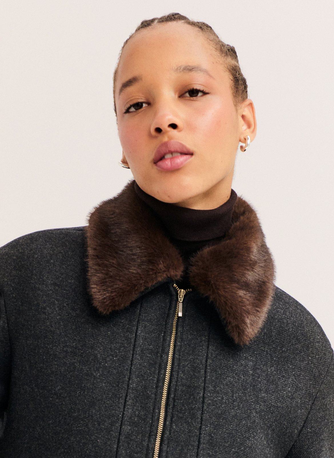 Manteau court col en fausse fourrure en laine mélangée PABLO Gris