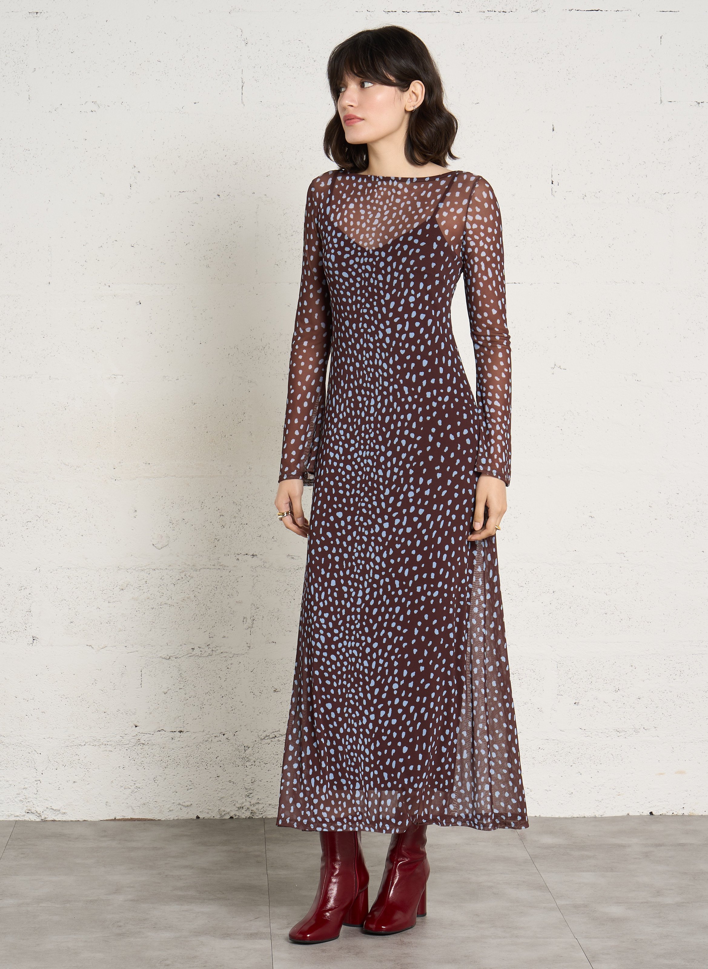 Long printed round-neck dress NEVER FULLY DRESSED Brown