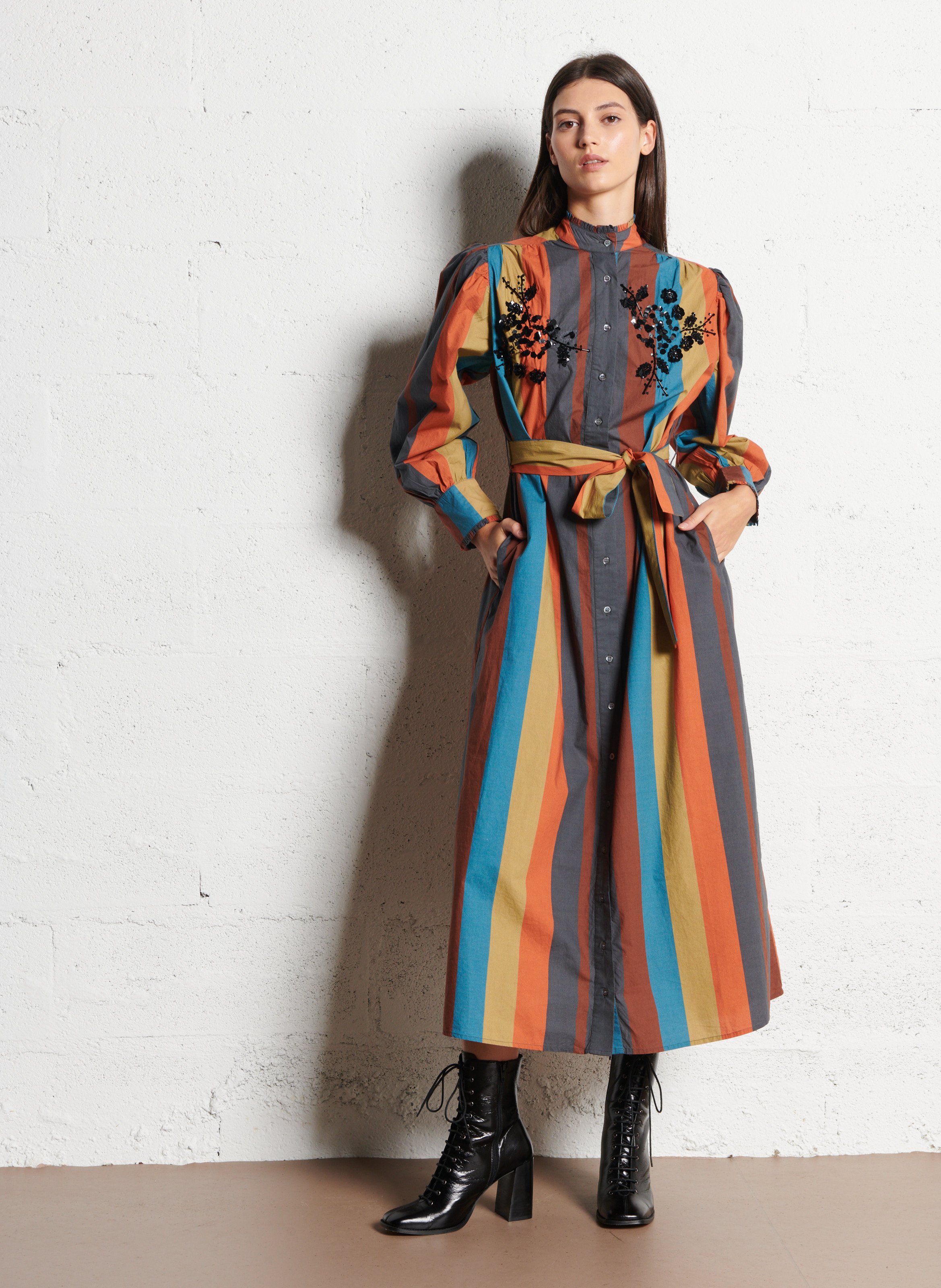 Robe chemise col montant en coton V DE VINSTER Orange