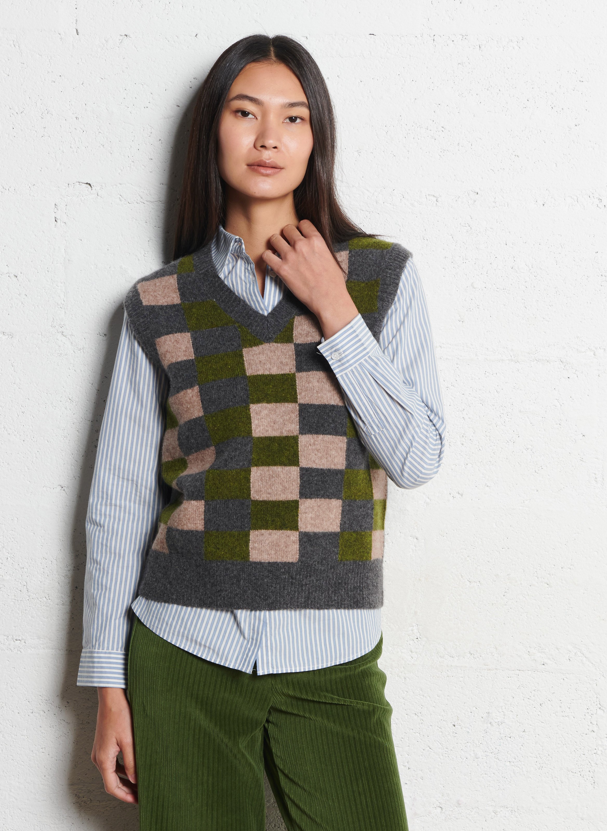 Pull sans manches col V à carreaux en laine mélangée NICE THINGS Gris