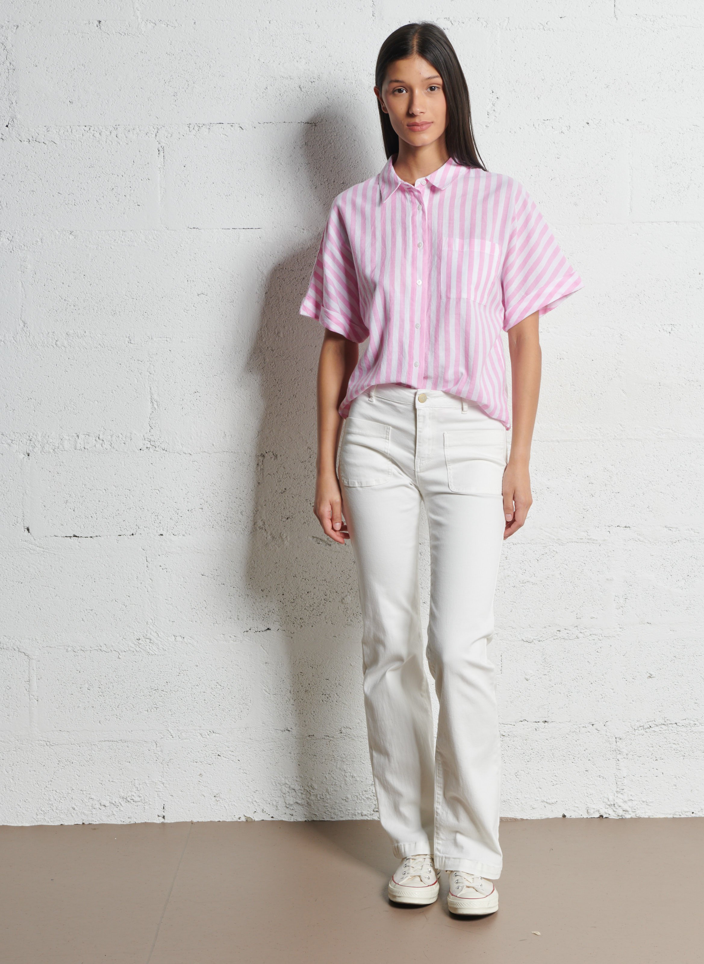 Chemise col classique manches contrastantes en coton Pink