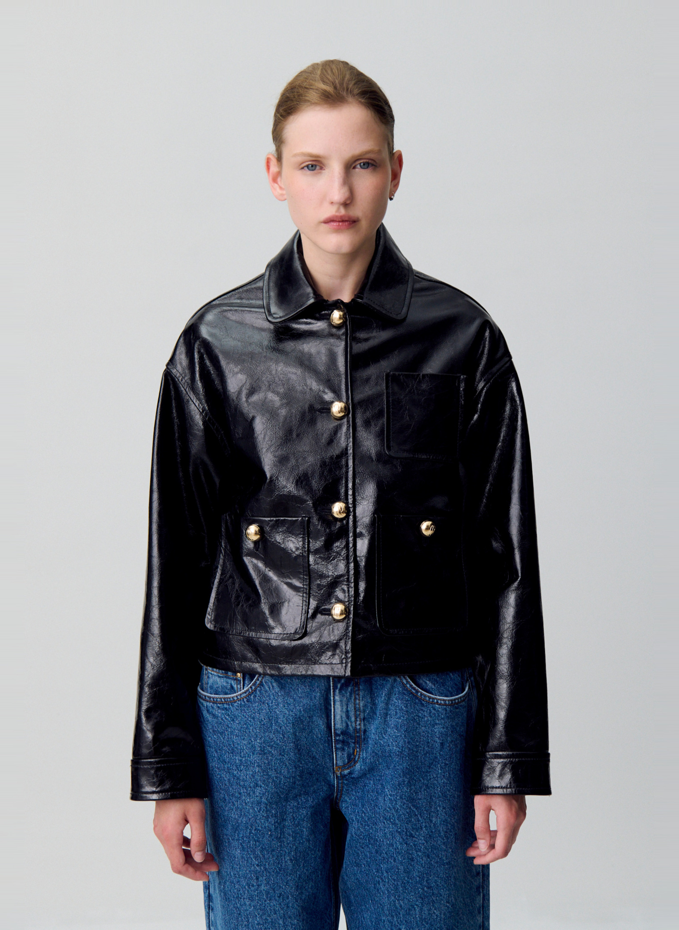 Veste droite col classique en cuir CLAUDIE PIERLOT Noir