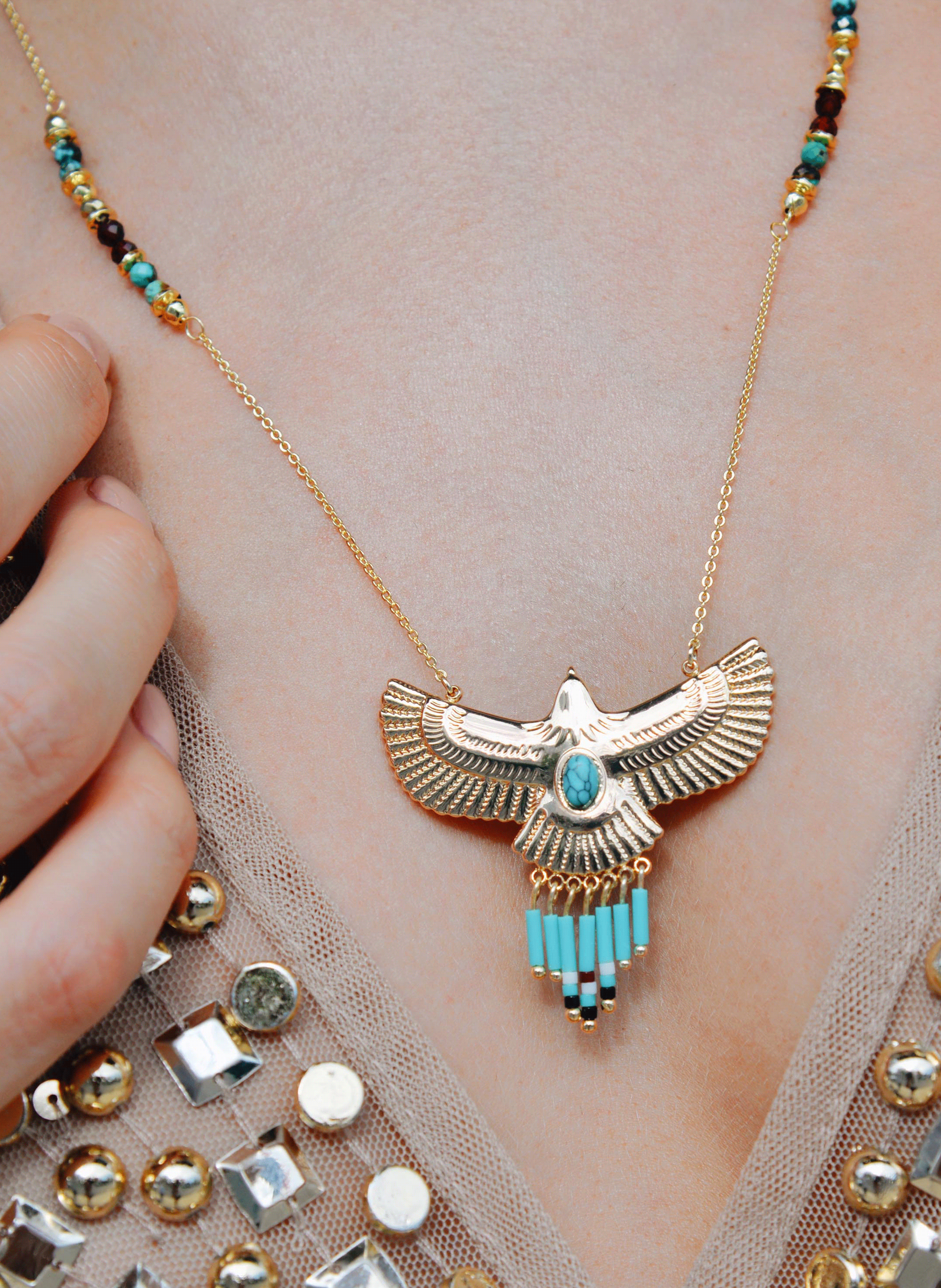 Chain necklace with pearls and eagle pendant HIPANEMA Golden
