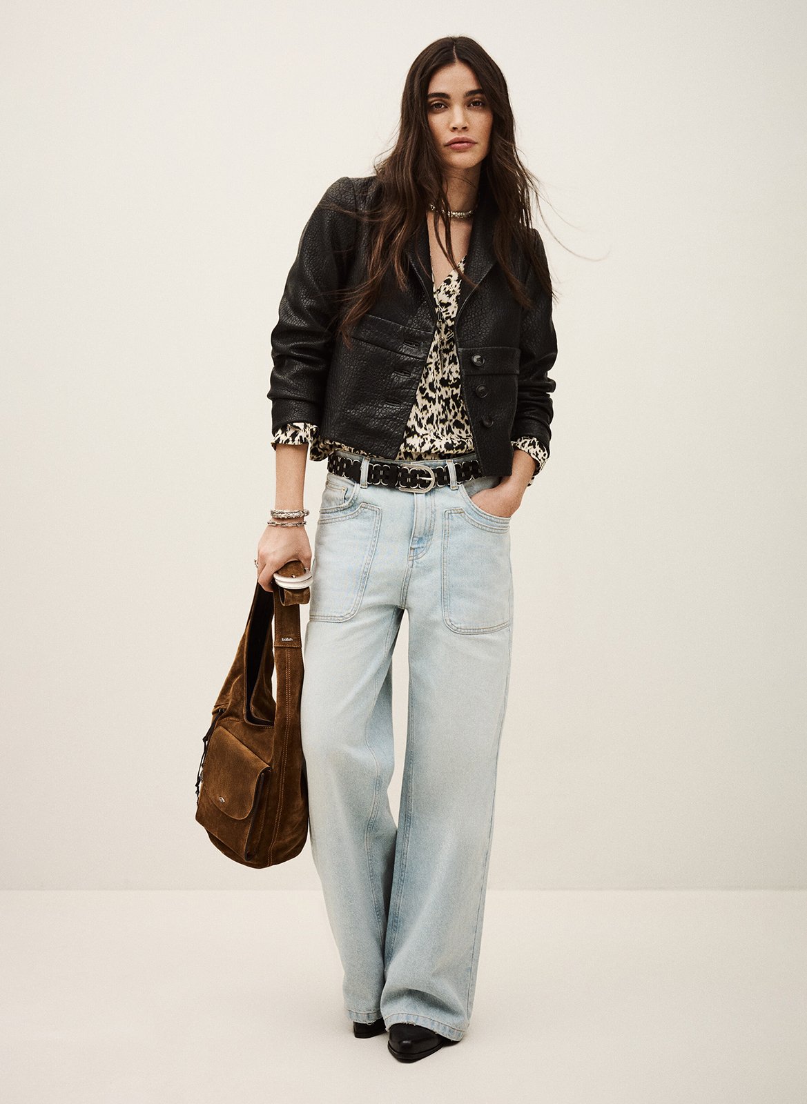 Recht, leren jasje met reverskraag BA&SH Zwart