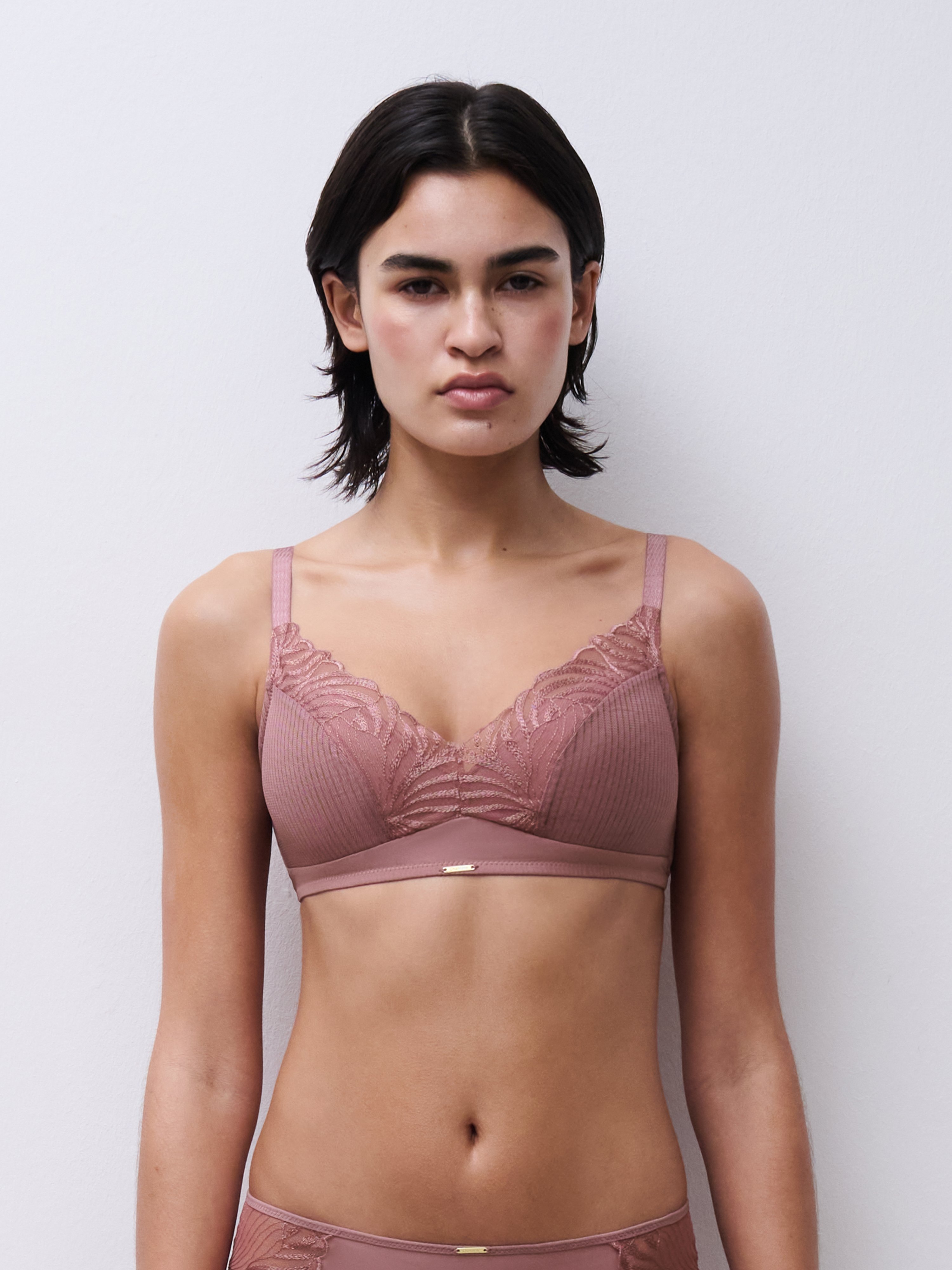Non-wired padded bra with embroidery support Brown