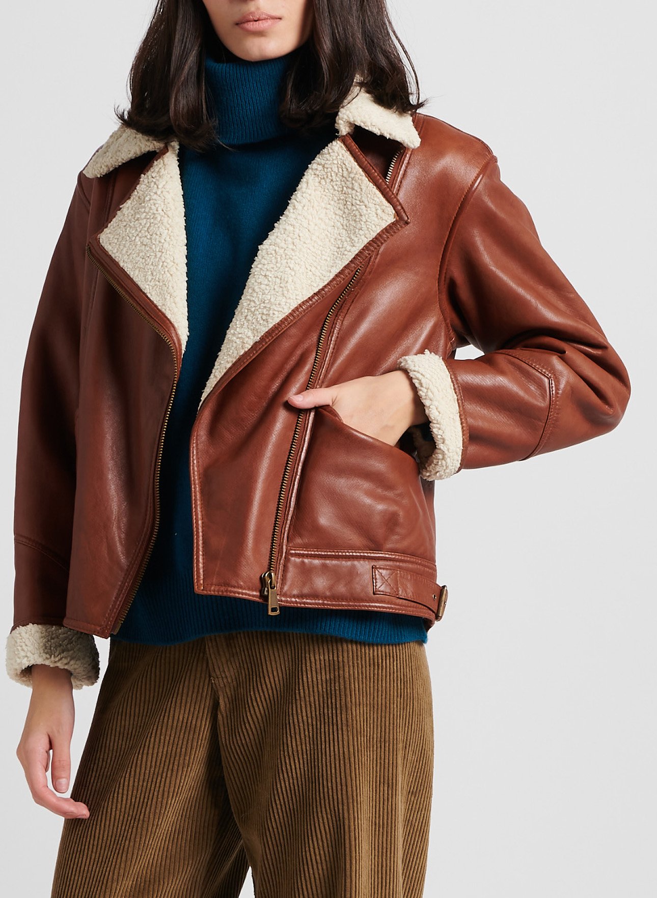 Straight leather coat with classic collar MAISON 123 Red