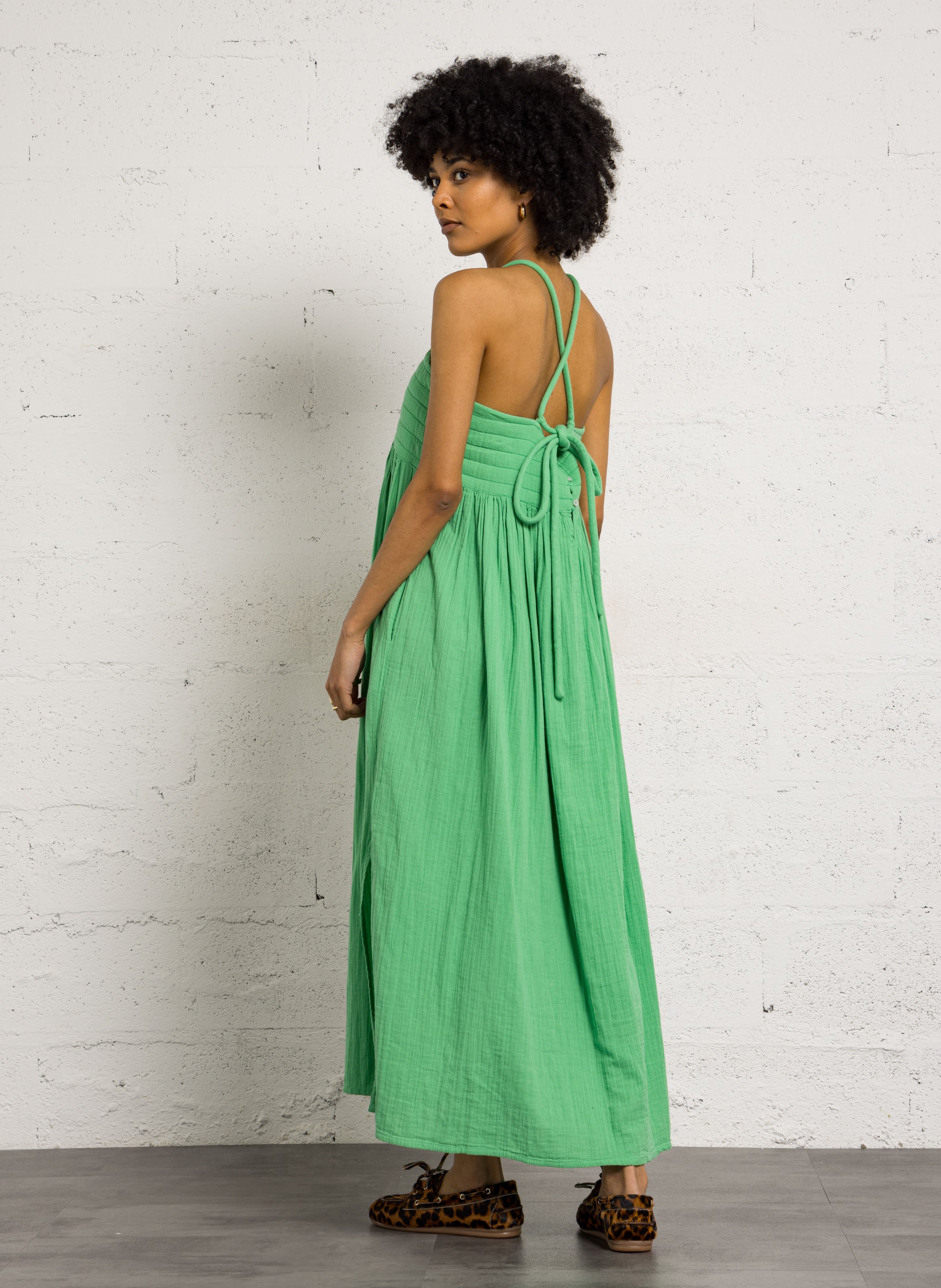 Flared long organic cotton dress LEON & HARPER Green