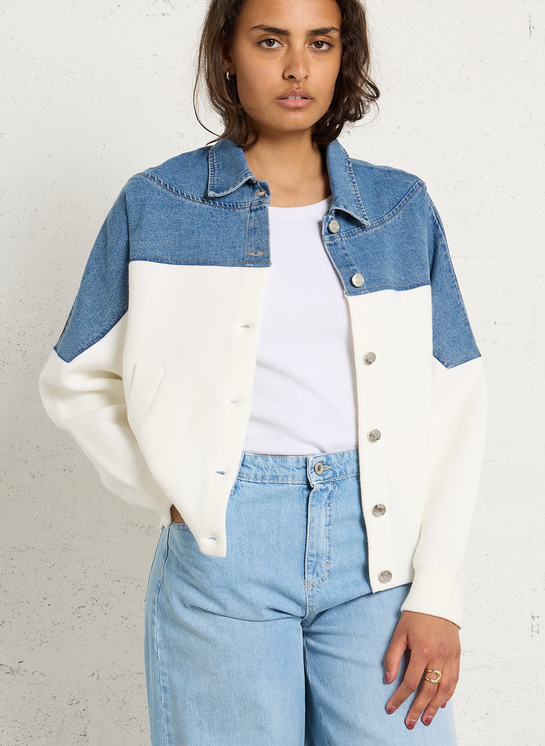 Classic collar bi-material cardigan MAISON 123 White