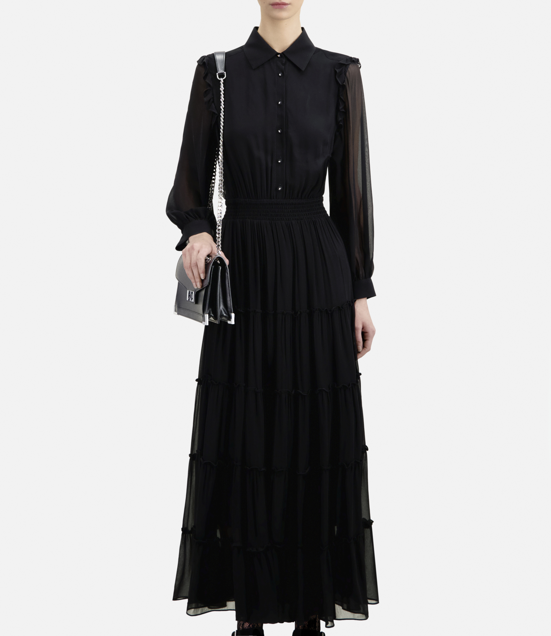 Lange jurk met klassieke kraag en ruche THE KOOPLES Zwart