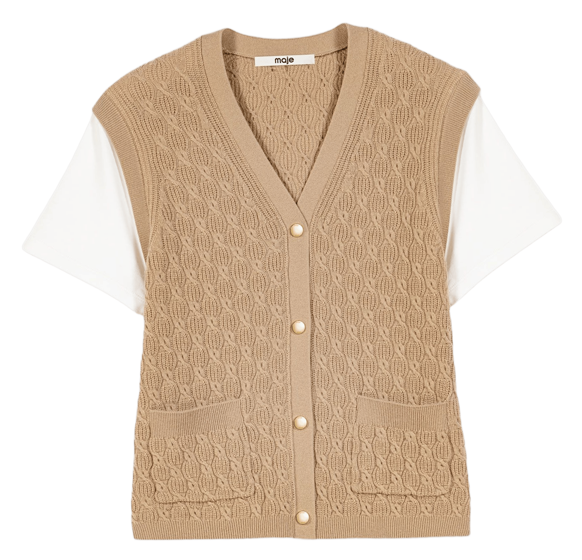 Gilet droit droit en laine et cachemire mélangé MAJE Beige