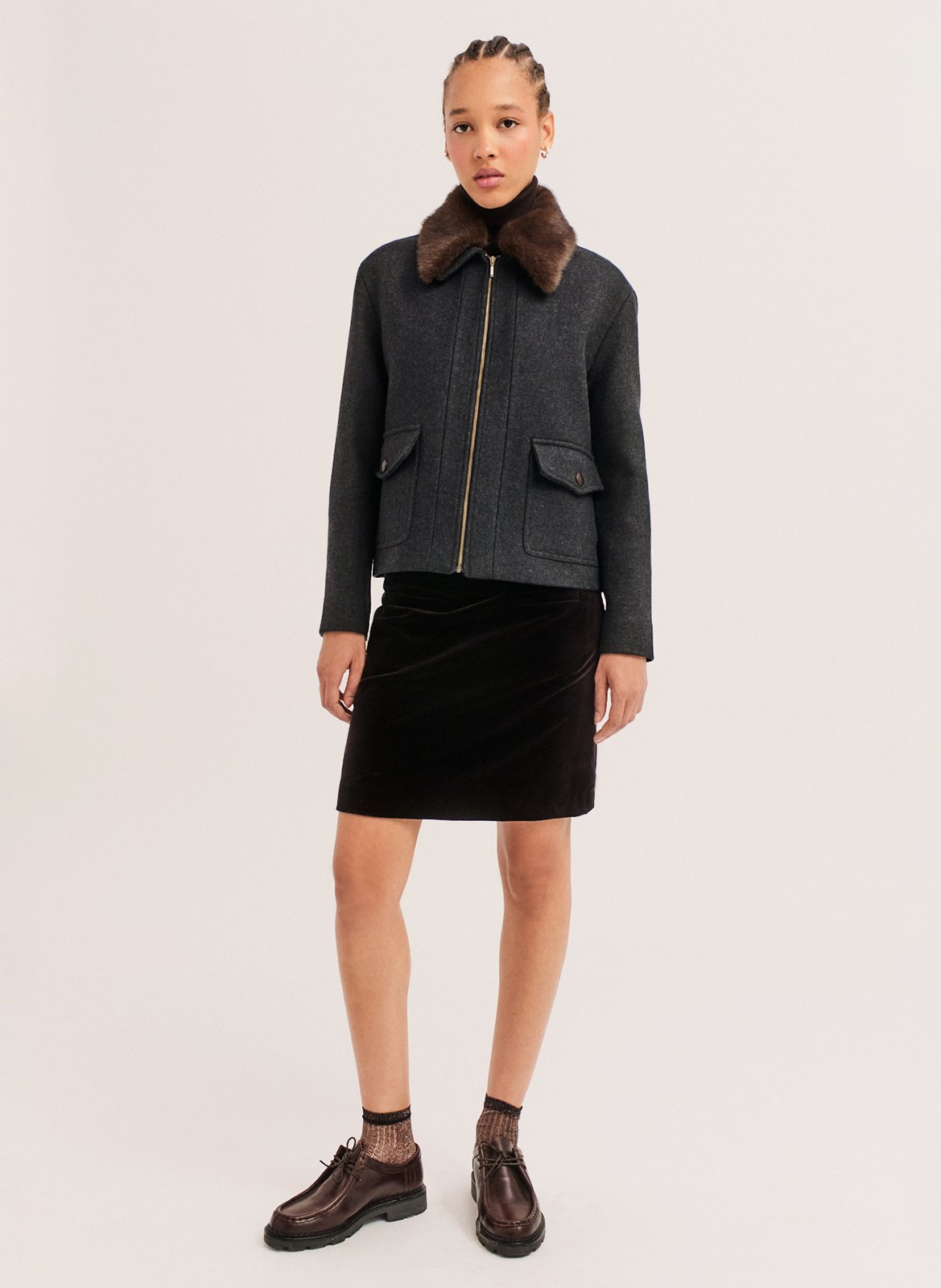 Manteau court col en fausse fourrure en laine mélangée PABLO Gris