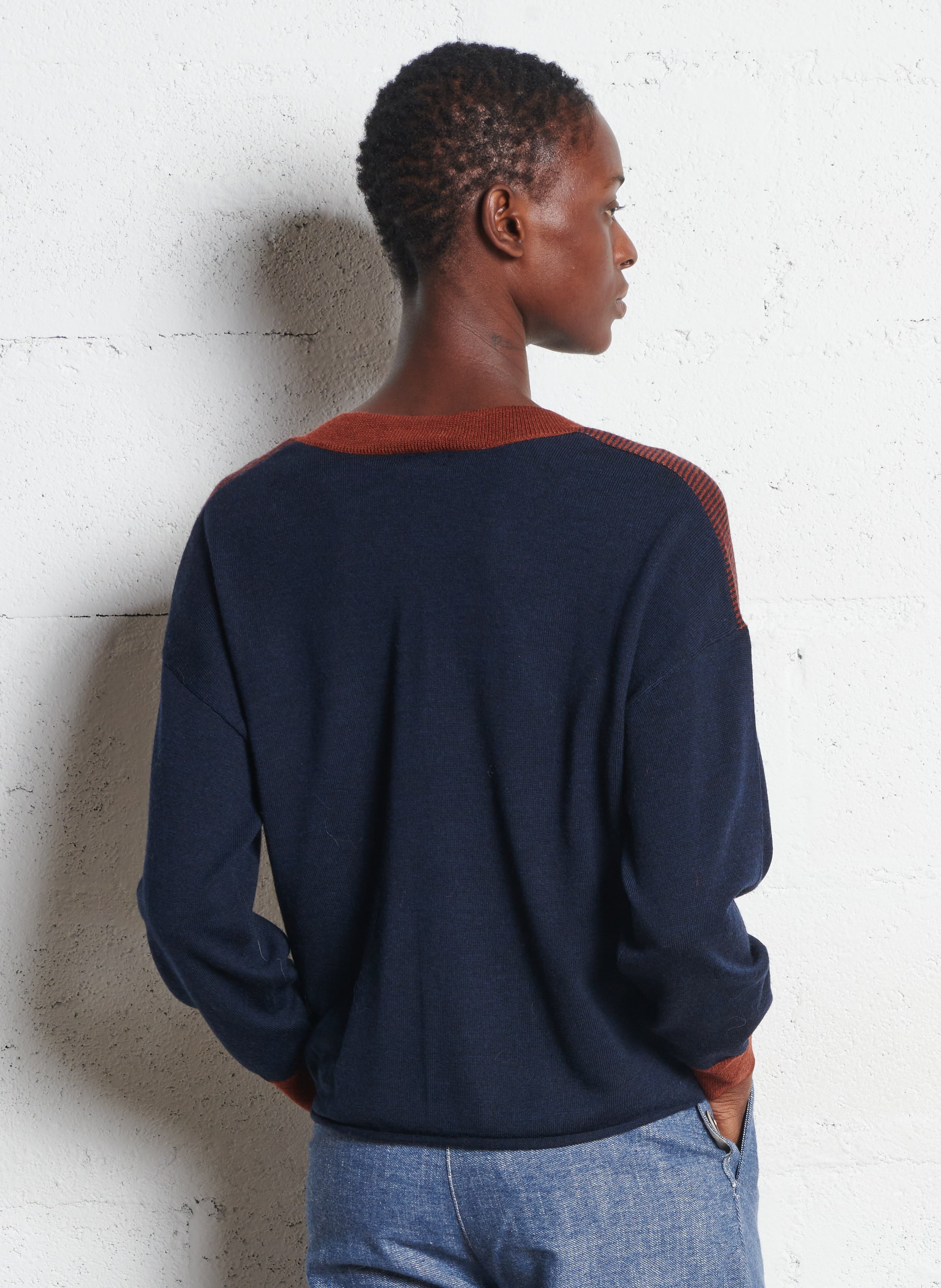 Pull droit col V en laine rayé BENSIMON Bleu