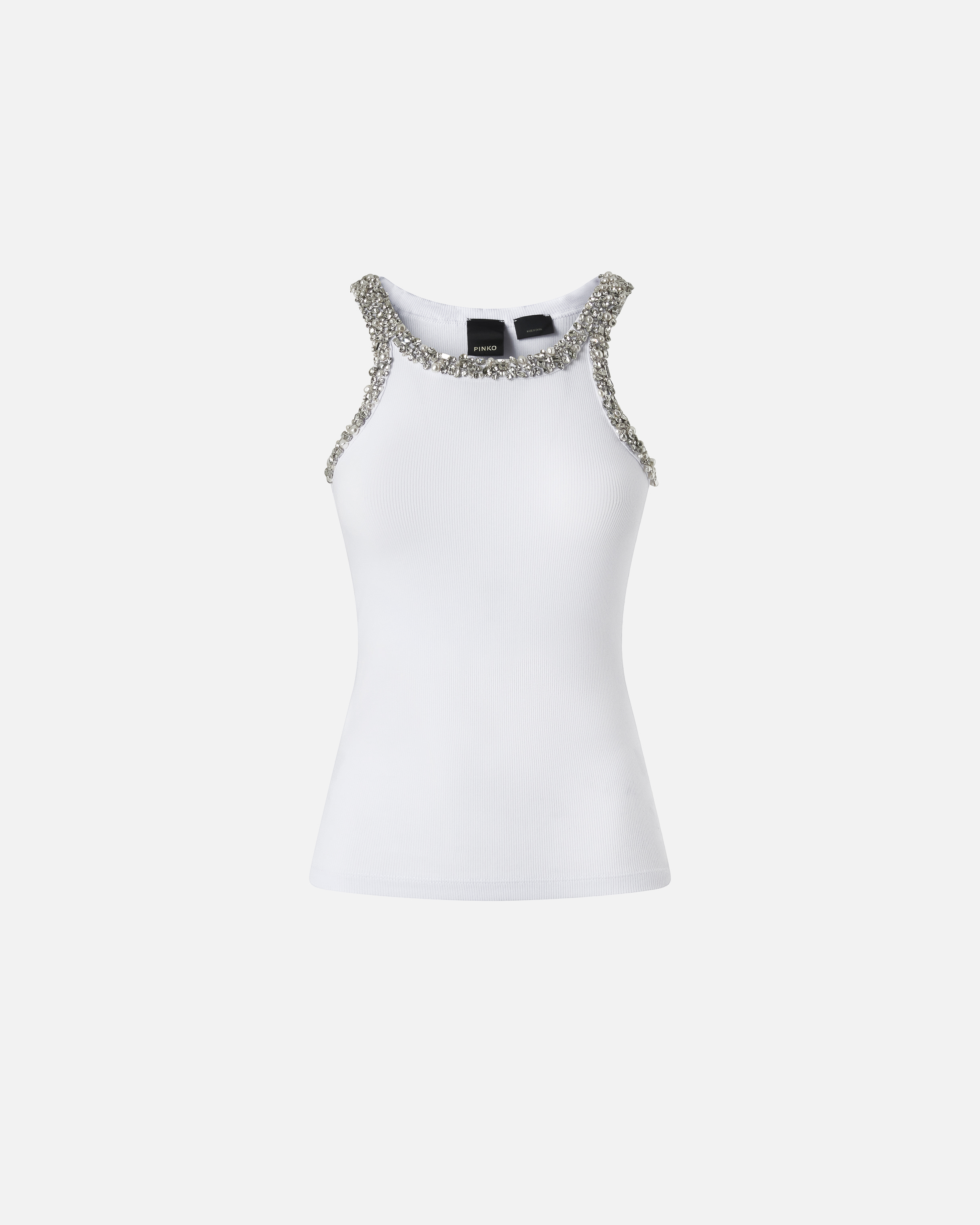Ribbed top with jewel embroidery PINKO White