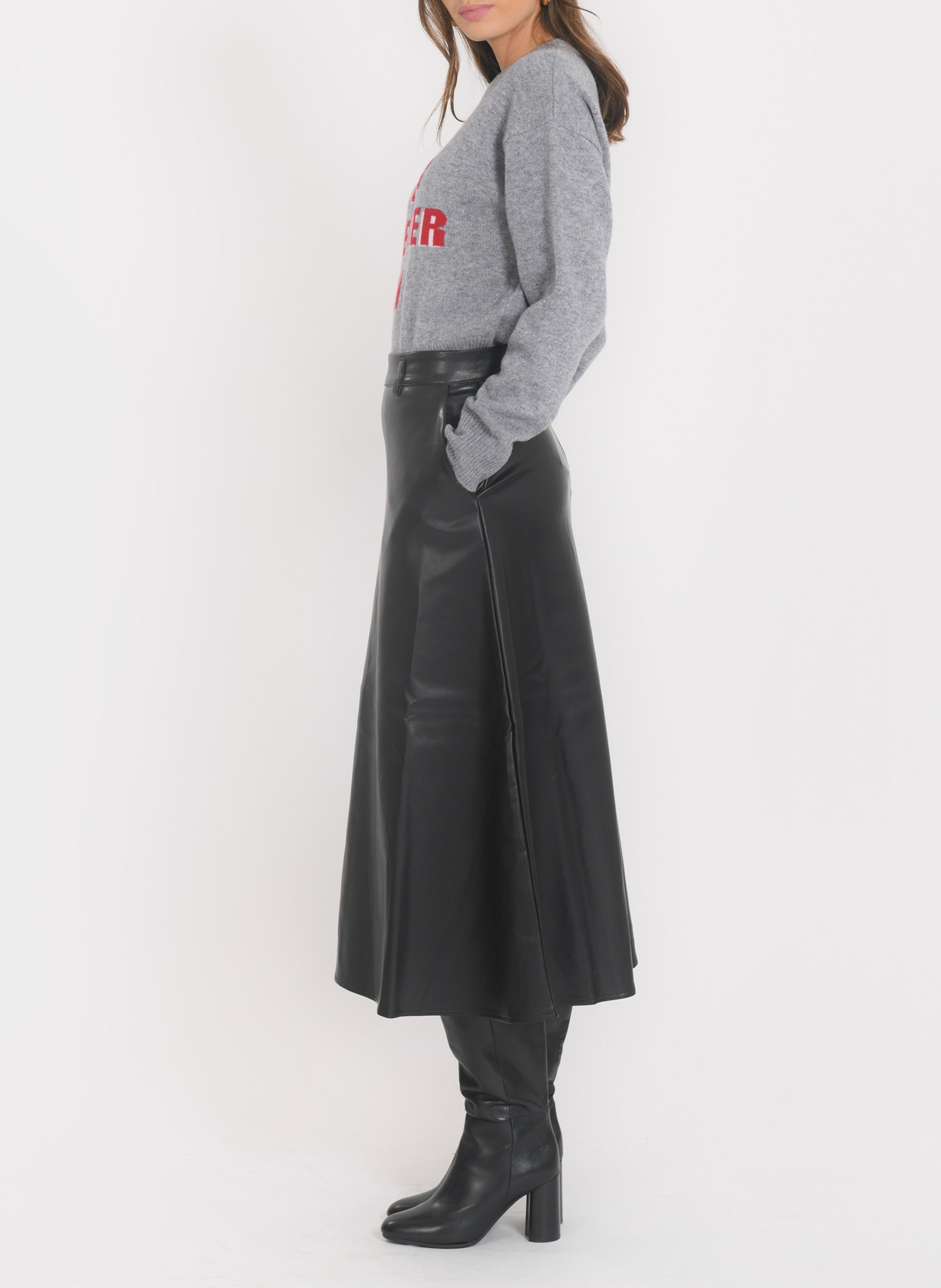 Jupe midi évasée effet cuir KOOKAI Noir