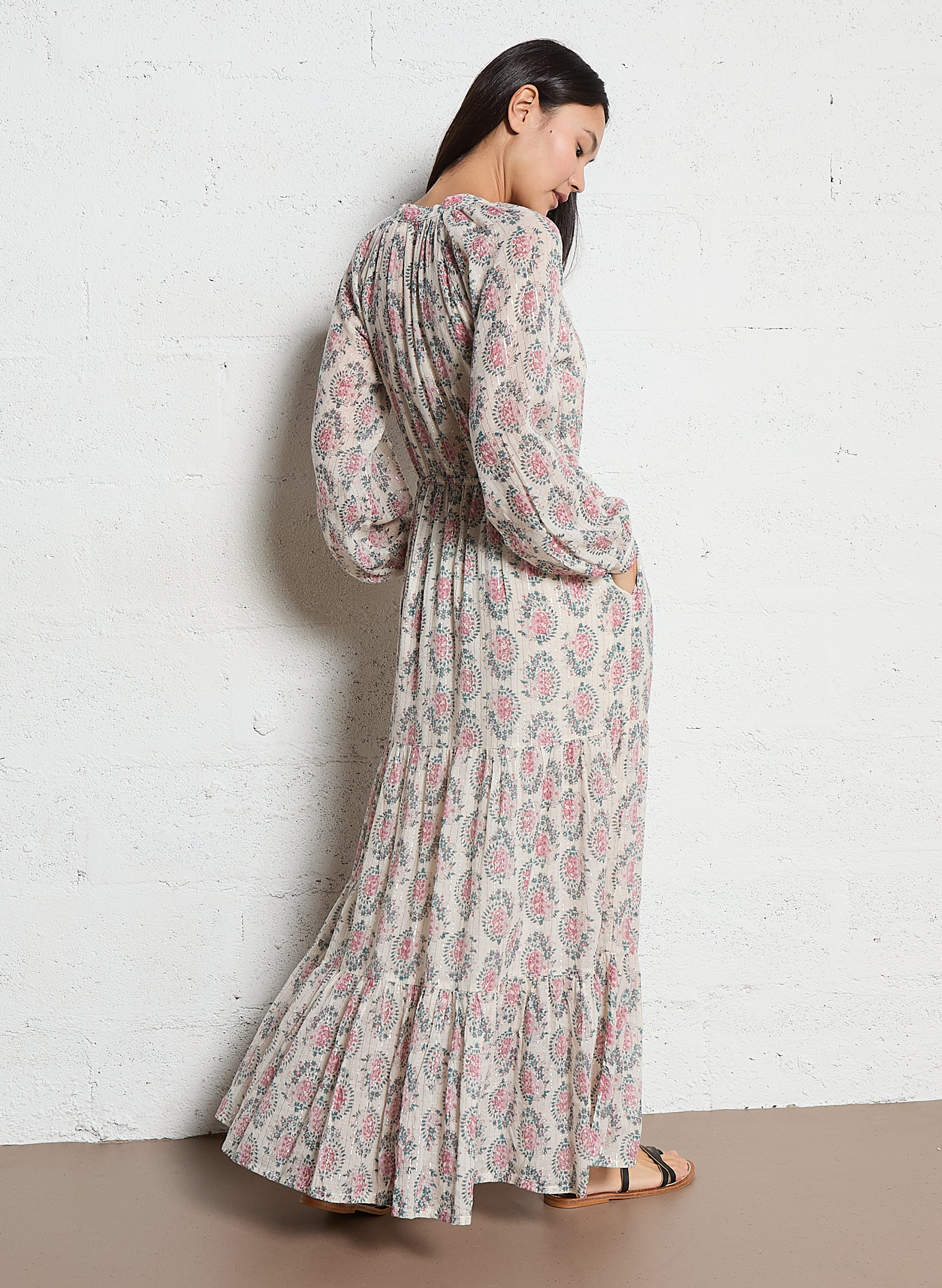 Robe longue col V en coton mélangé MAISON HOTEL Rose