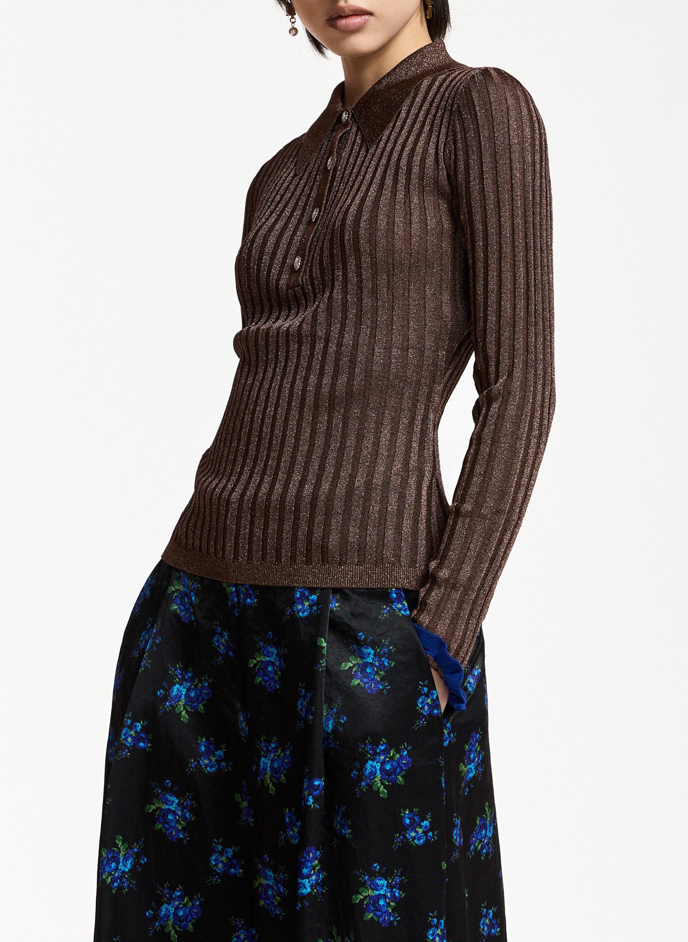 Polo manches longues moulant côtelé ESSENTIEL ANTWERP Marron