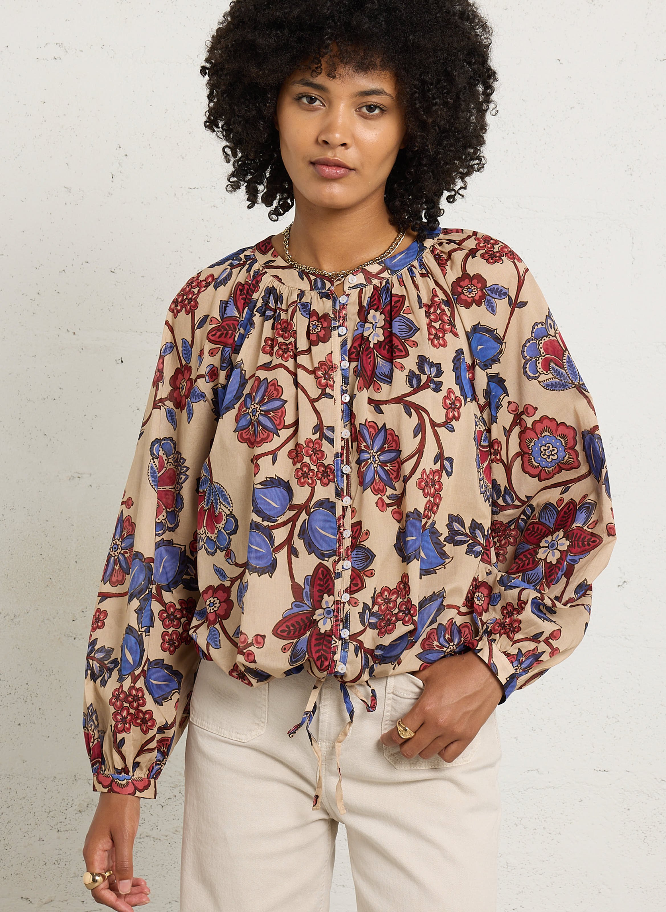 Chemise oversize col rond en coton imprimé SUD EXPRESS Rose