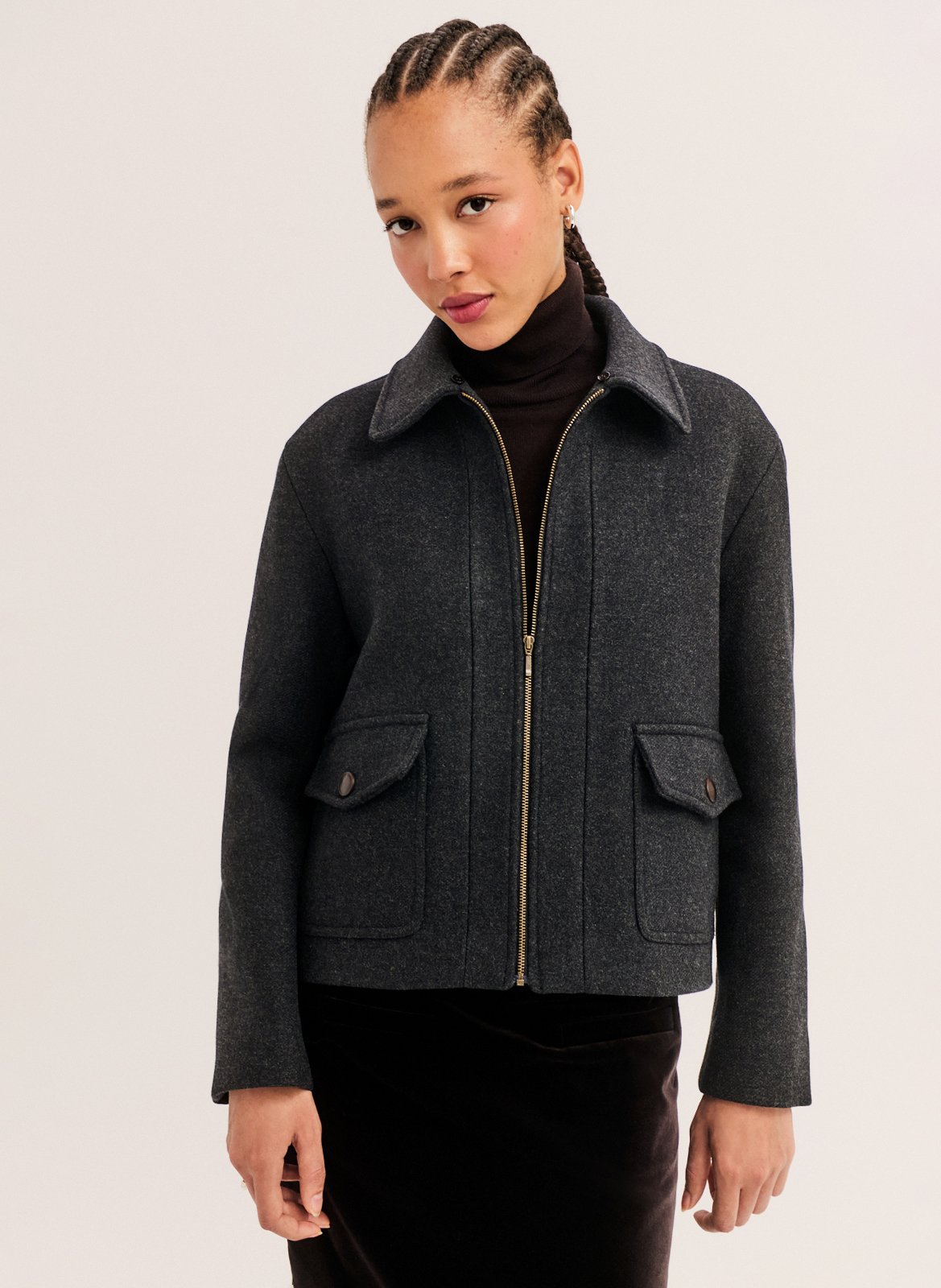 Manteau court col en fausse fourrure en laine mélangée PABLO Gris