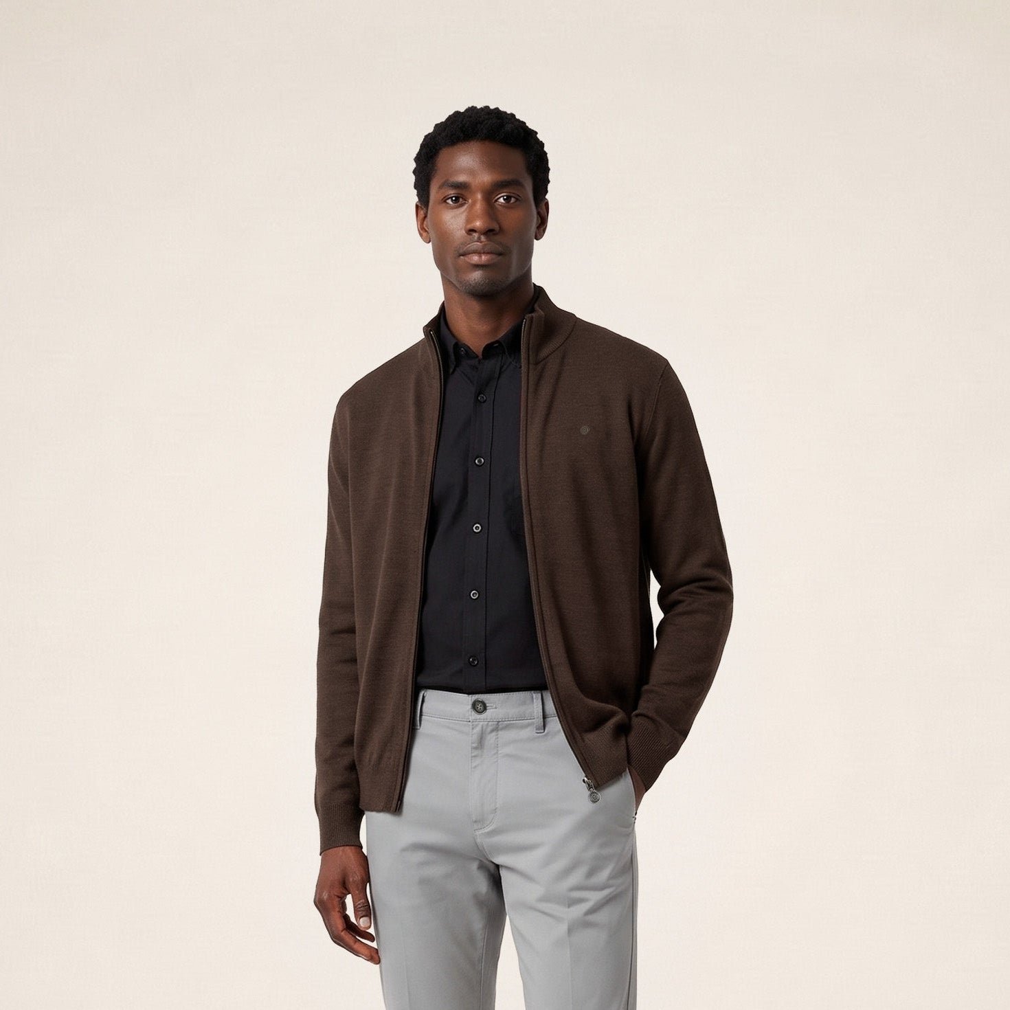 MALONE Brownie Brown Wool Knit Zip-Up Cardigan SERGE BLANCO Brown