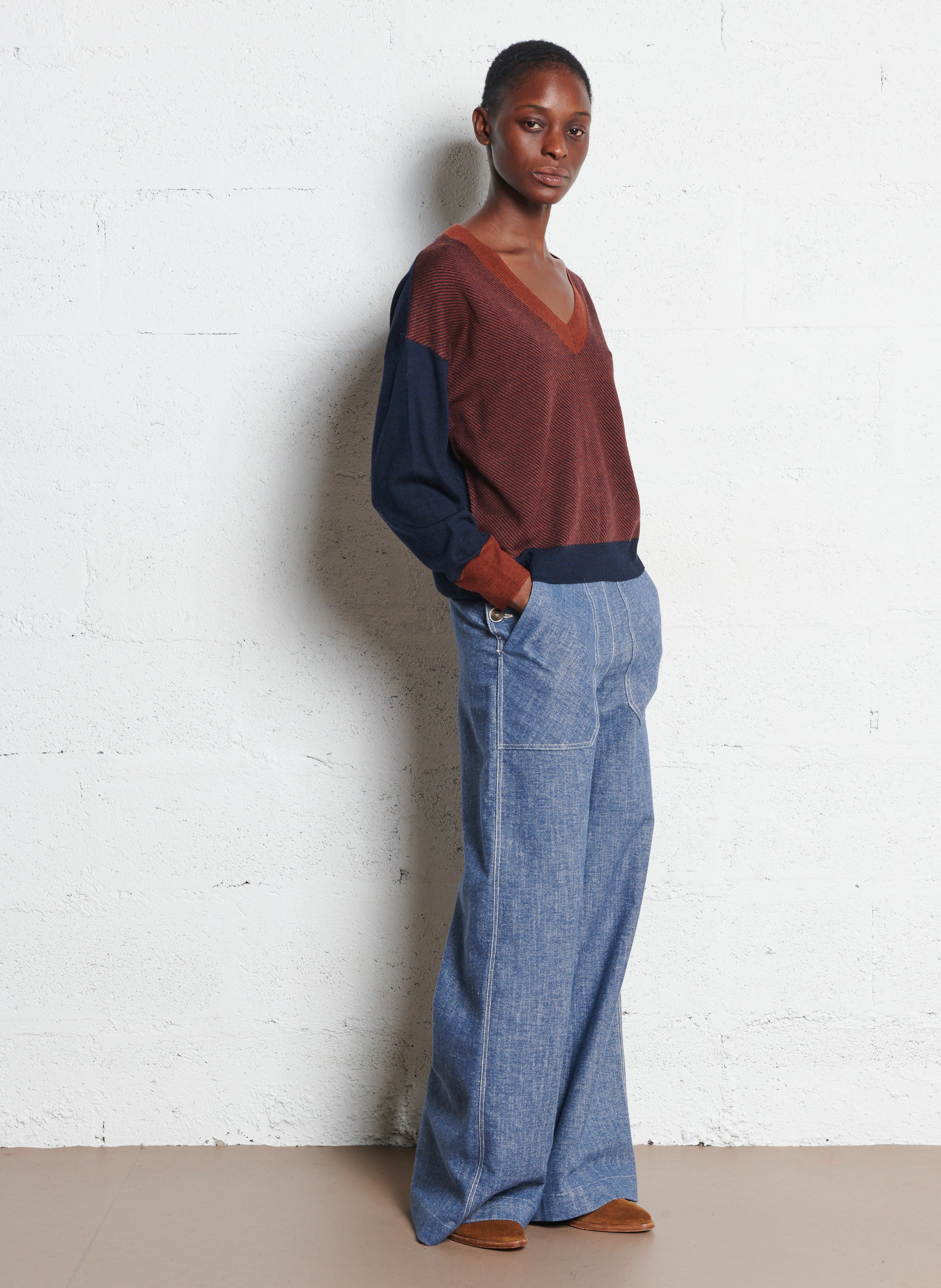 Pull droit col V en laine rayé BENSIMON Bleu