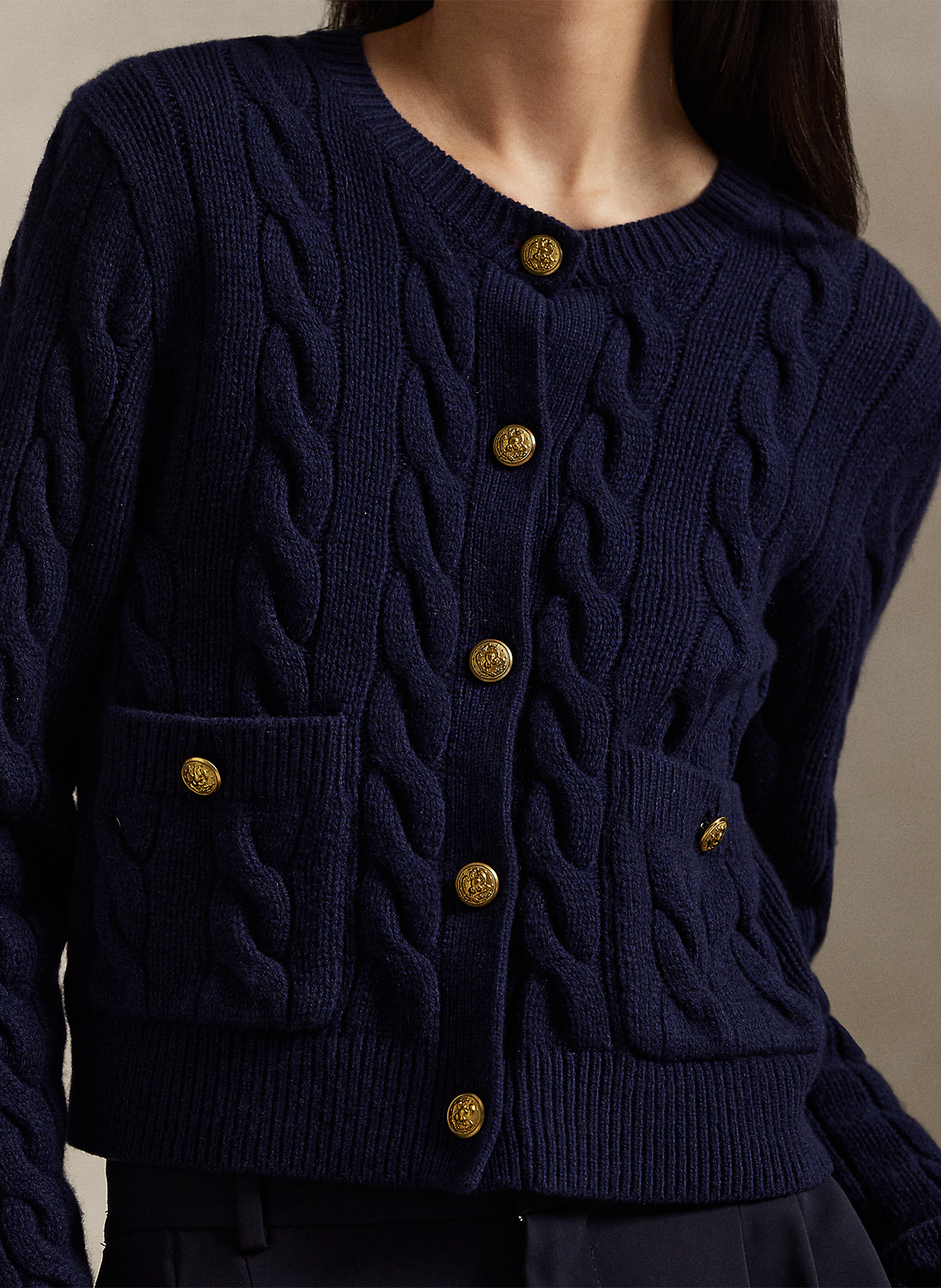 Round-neck mixed-knit cardigan POLO RALPH LAUREN Blue