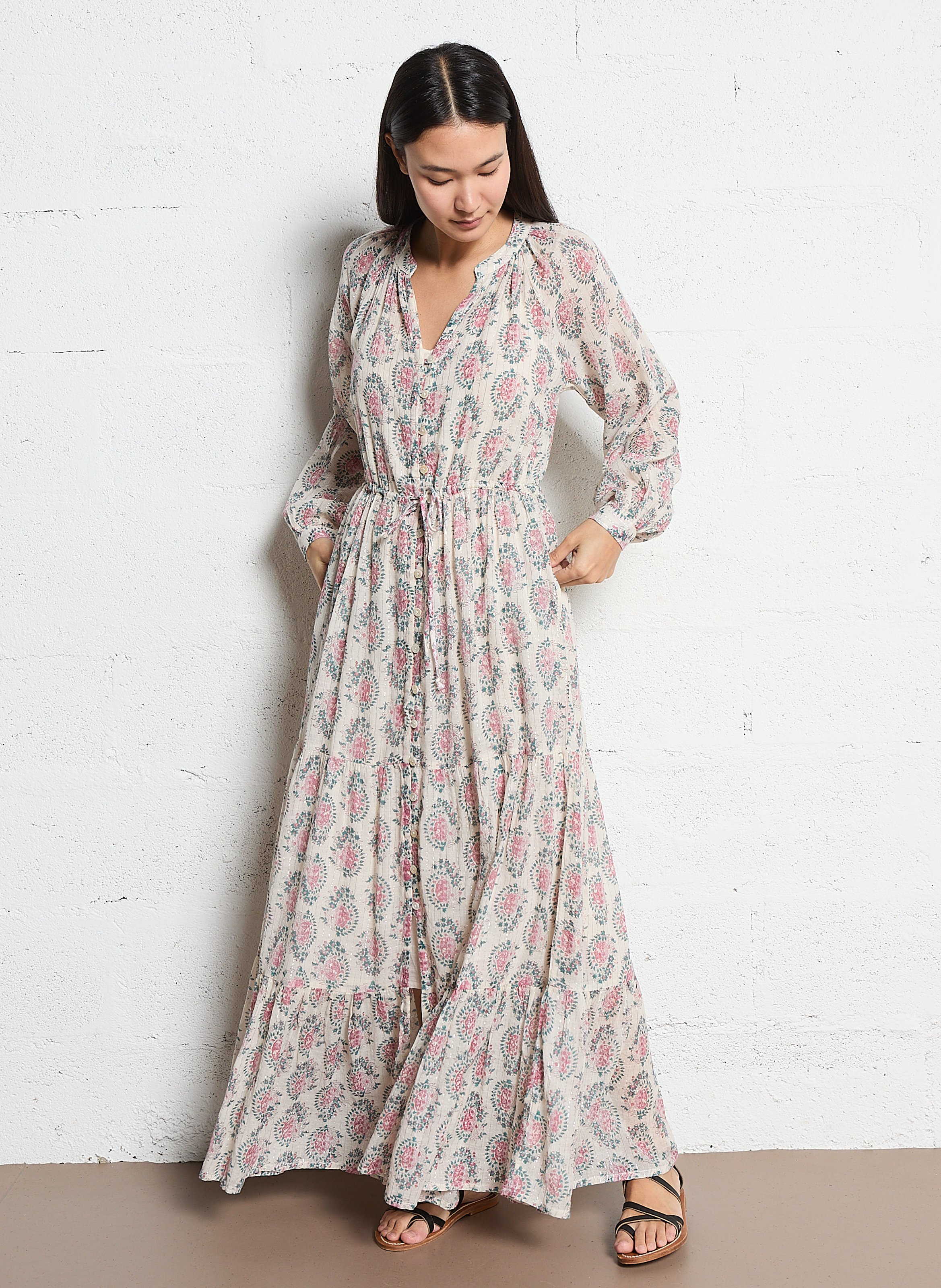 Robe longue col V en coton mélangé MAISON HOTEL Rose