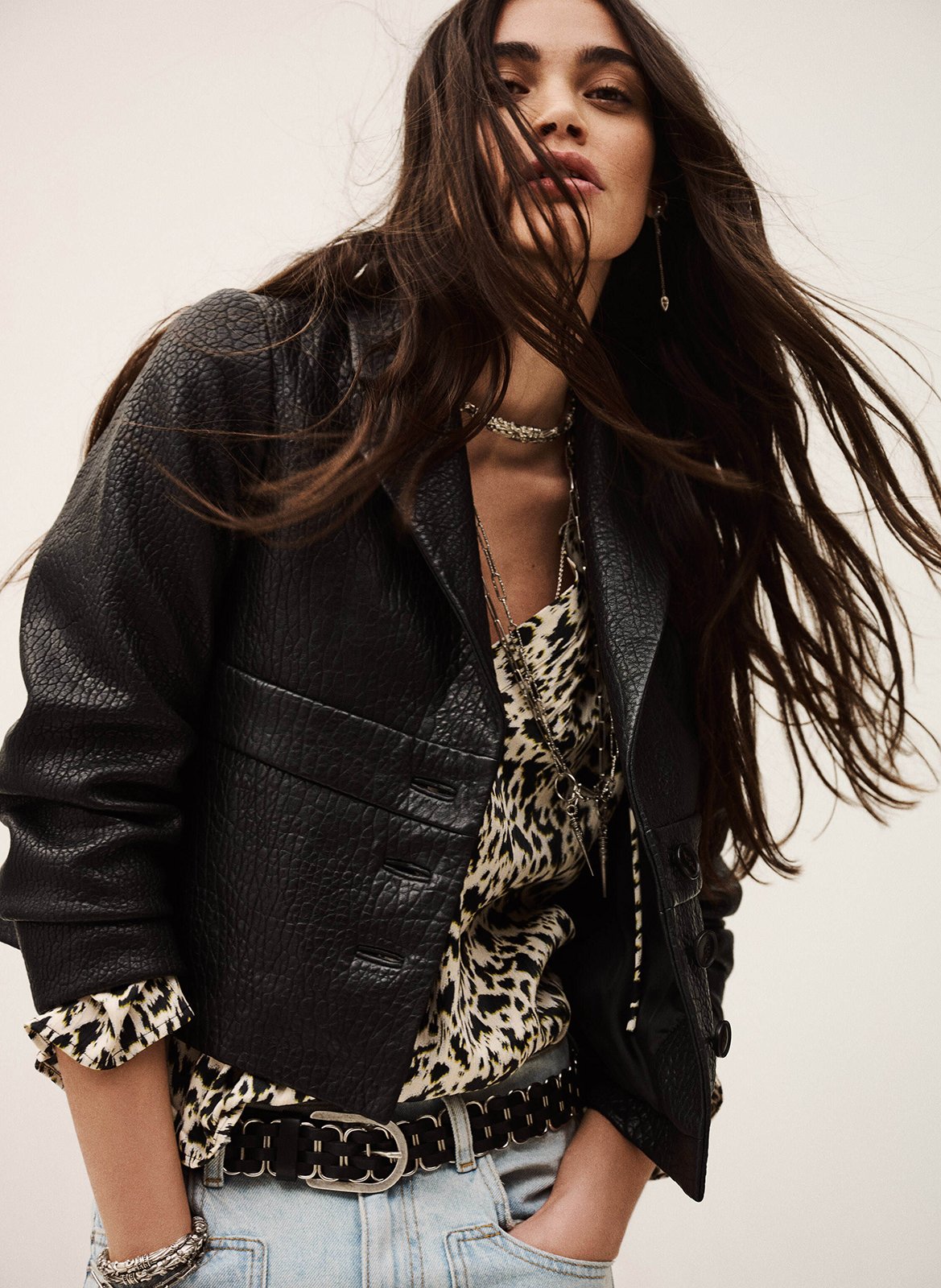 Recht, leren jasje met reverskraag BA&SH Zwart