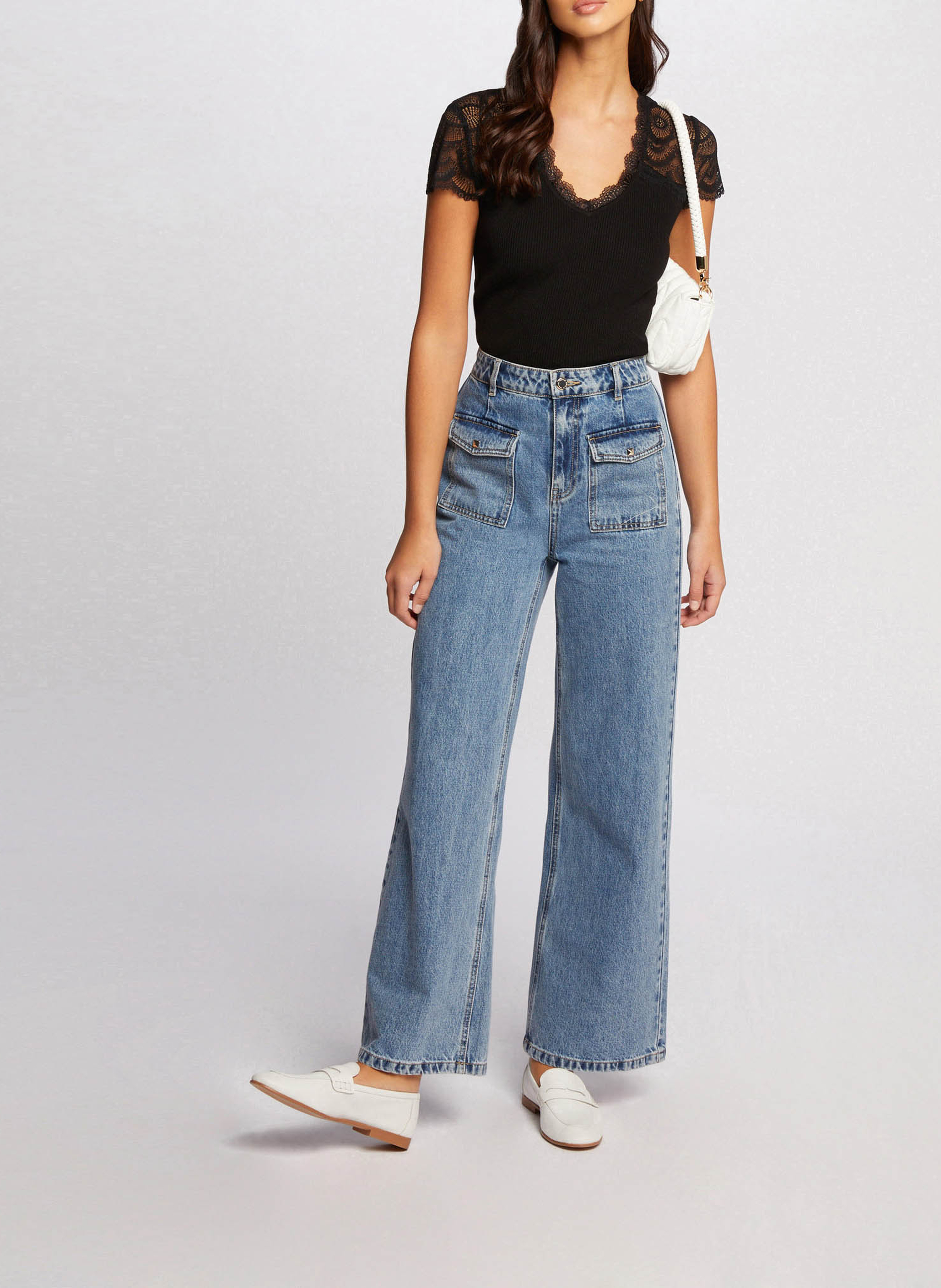 Tee-shirt col V en dentelle  MORGAN Noir