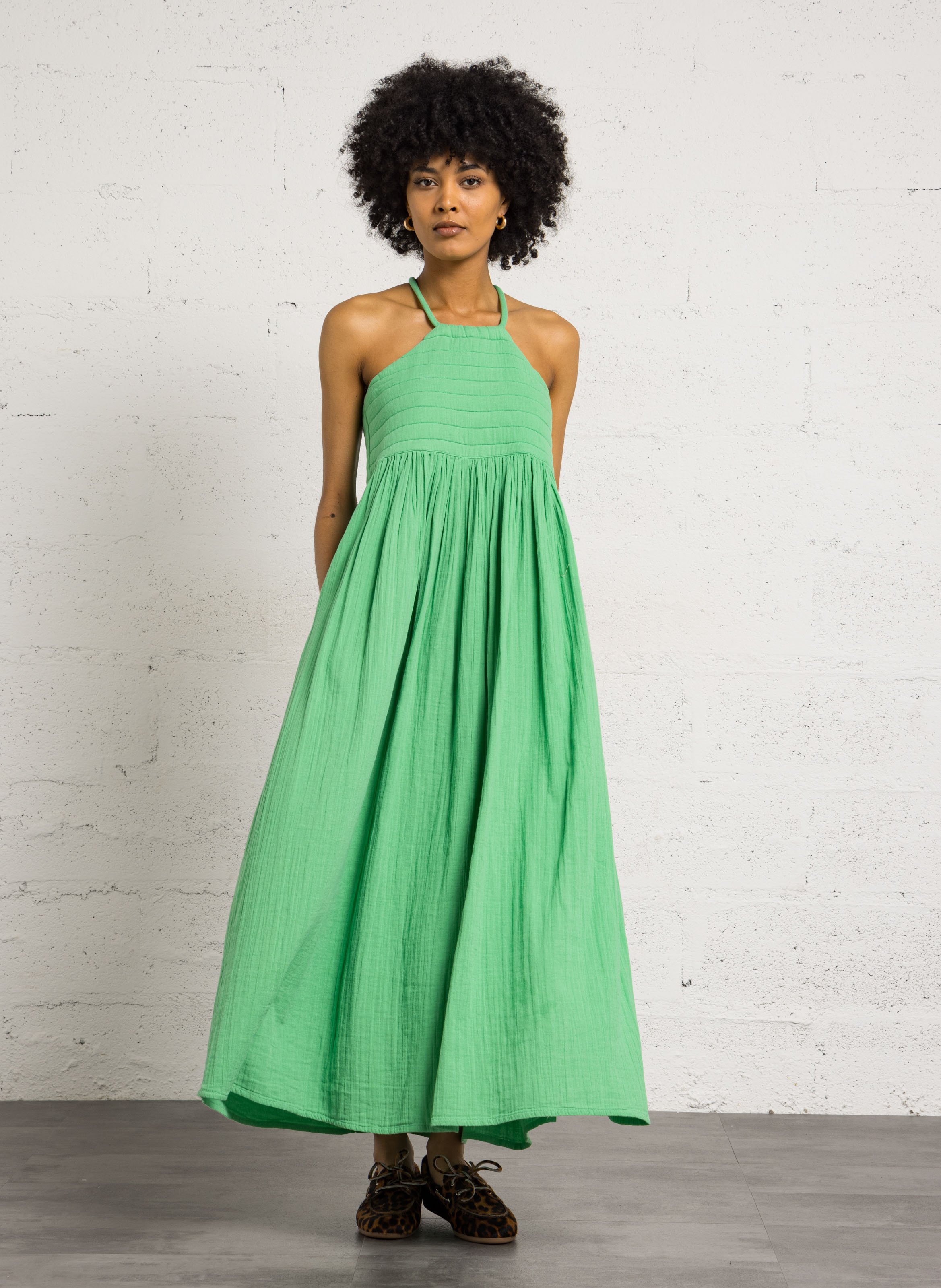 Flared long organic cotton dress LEON & HARPER Green