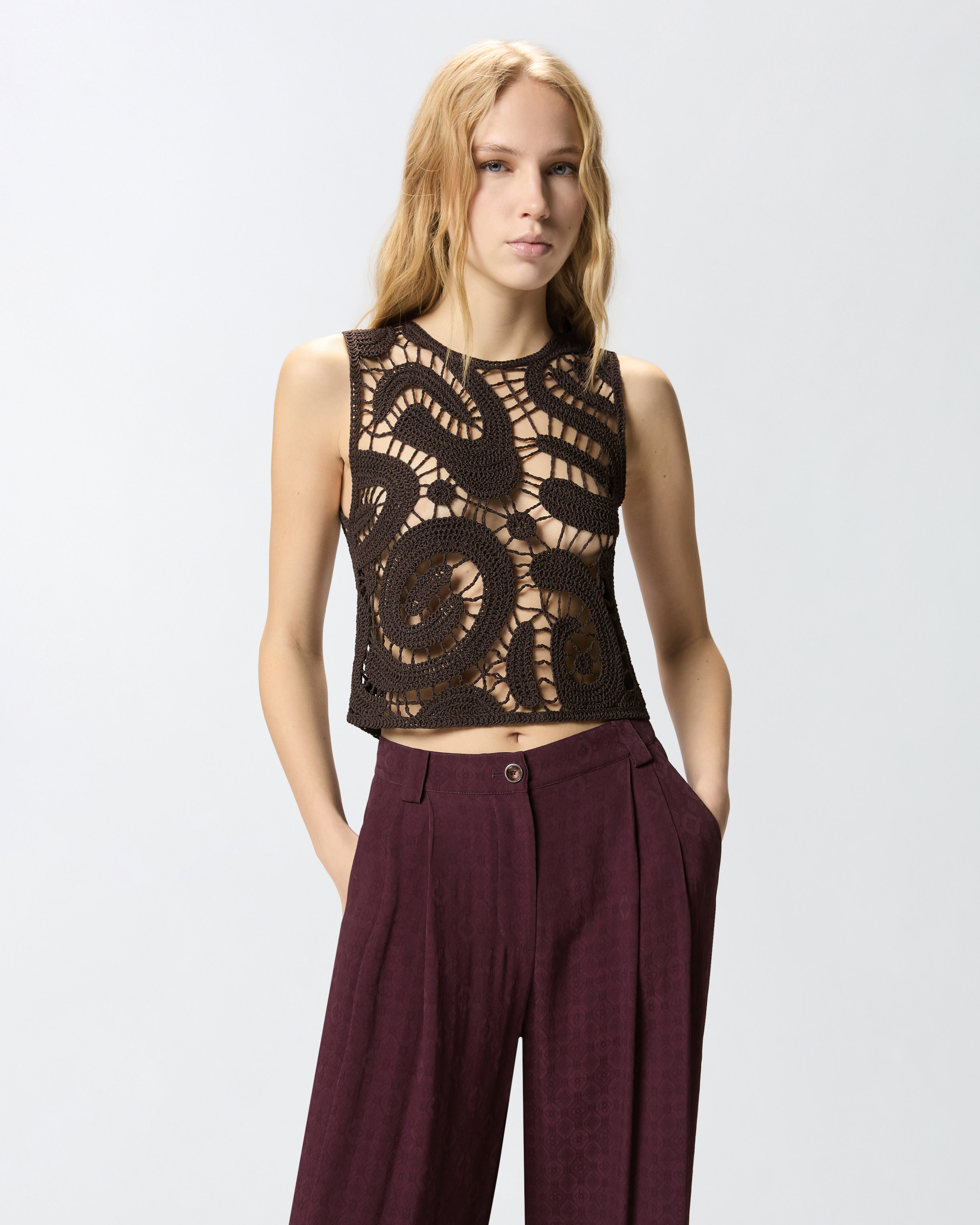 Top sans manches en crochet à motif géométrique PINKO Marron