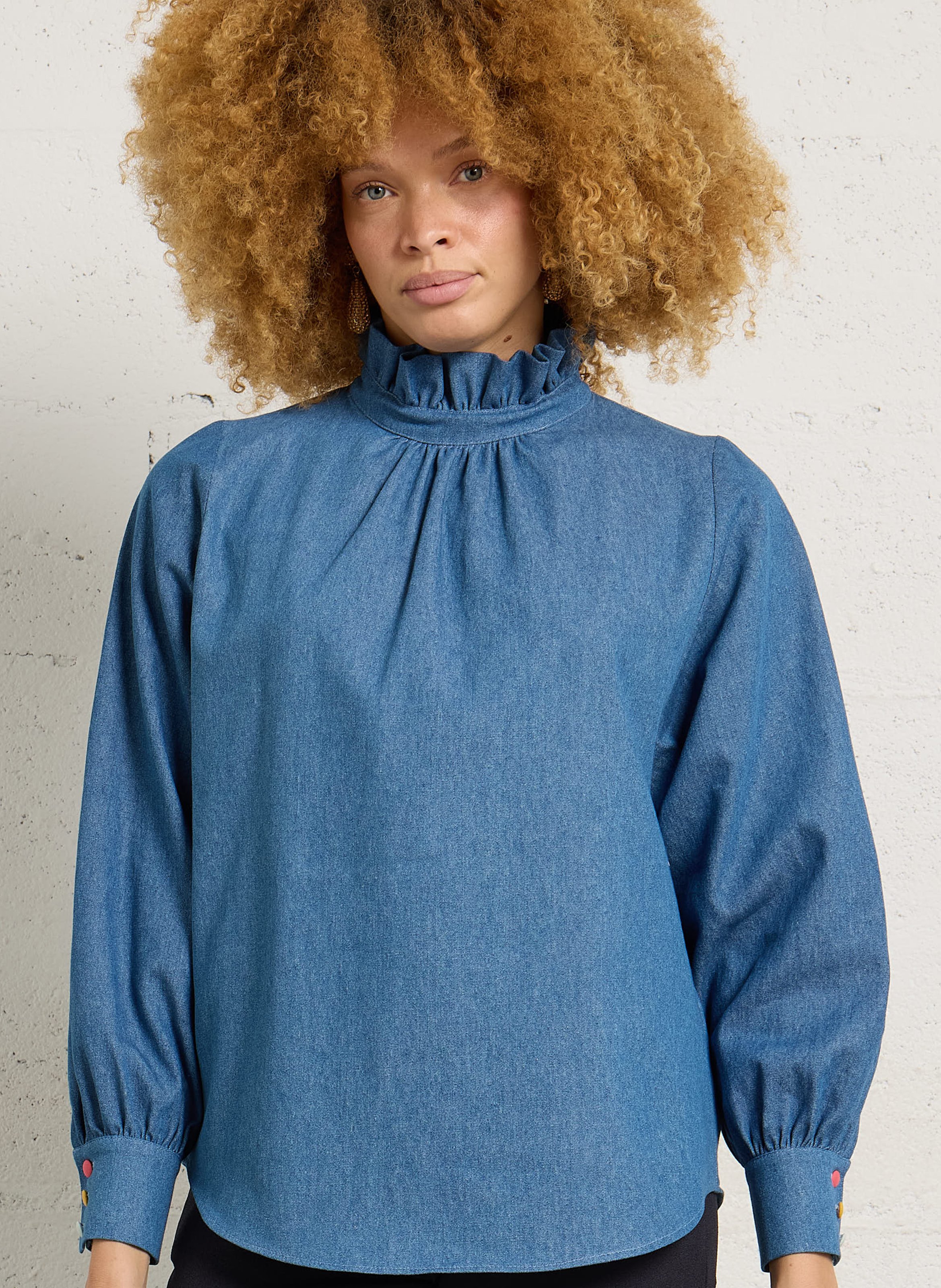 Denim high-neck blouse ELISE CHALMIN Blue