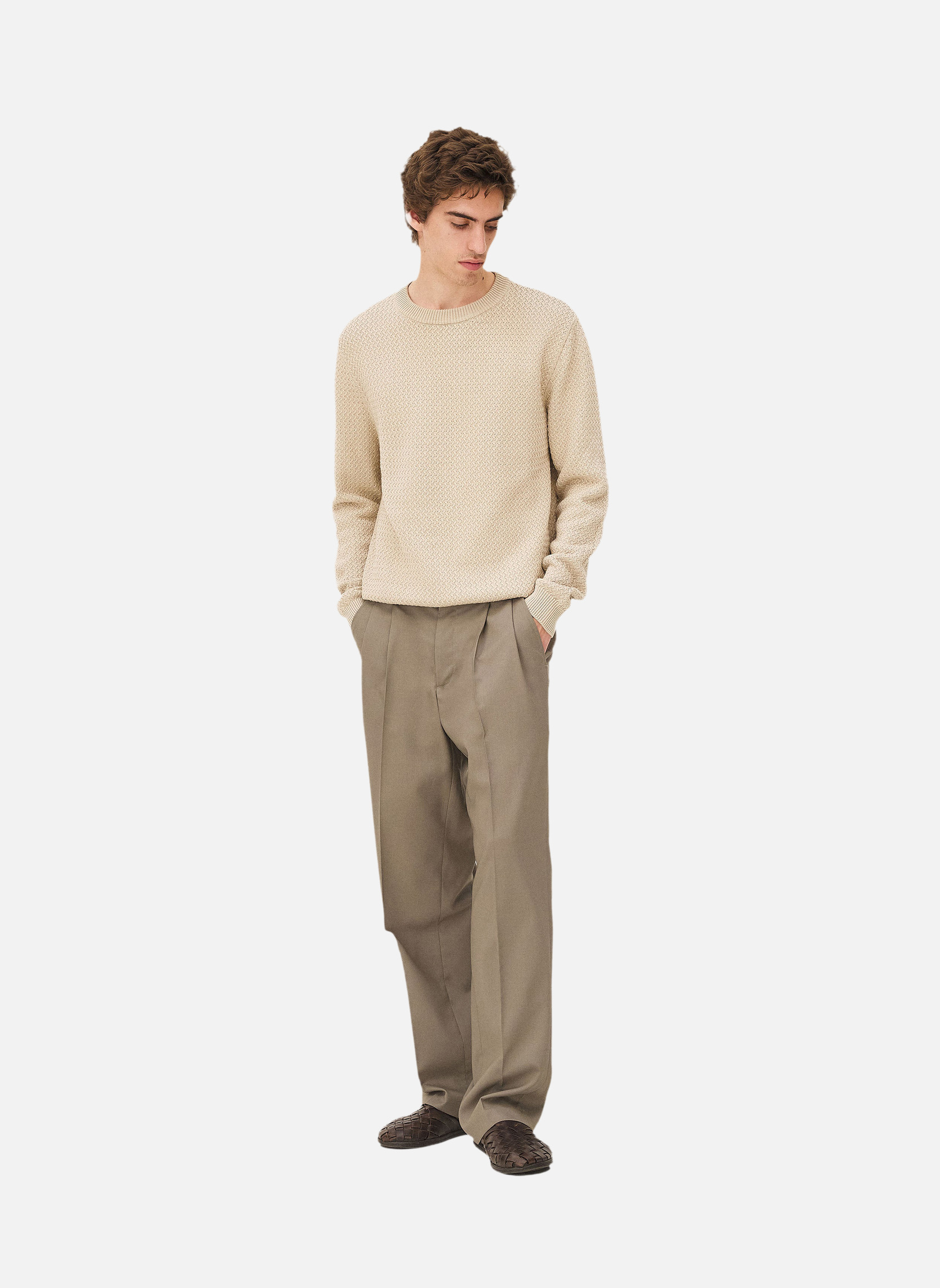 Wide-leg pleated pants by LOTTEN STONE | Beige Noyoco Men