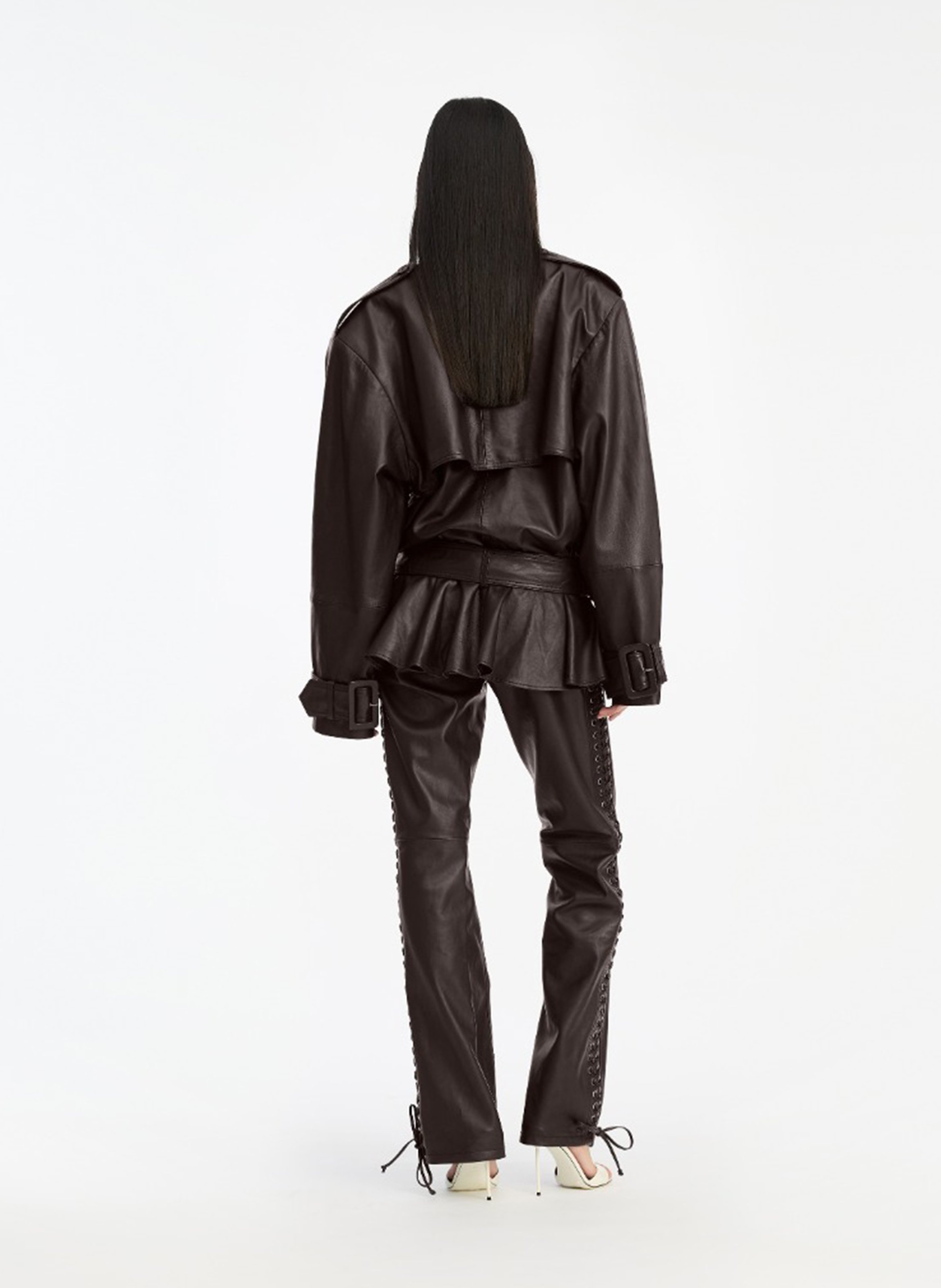 Oversized leather jacket with ruffles ROTATE Brown