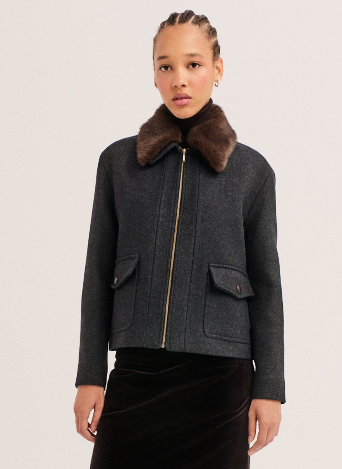 Manteau court col en fausse fourrure en laine mélangée PABLO Gris