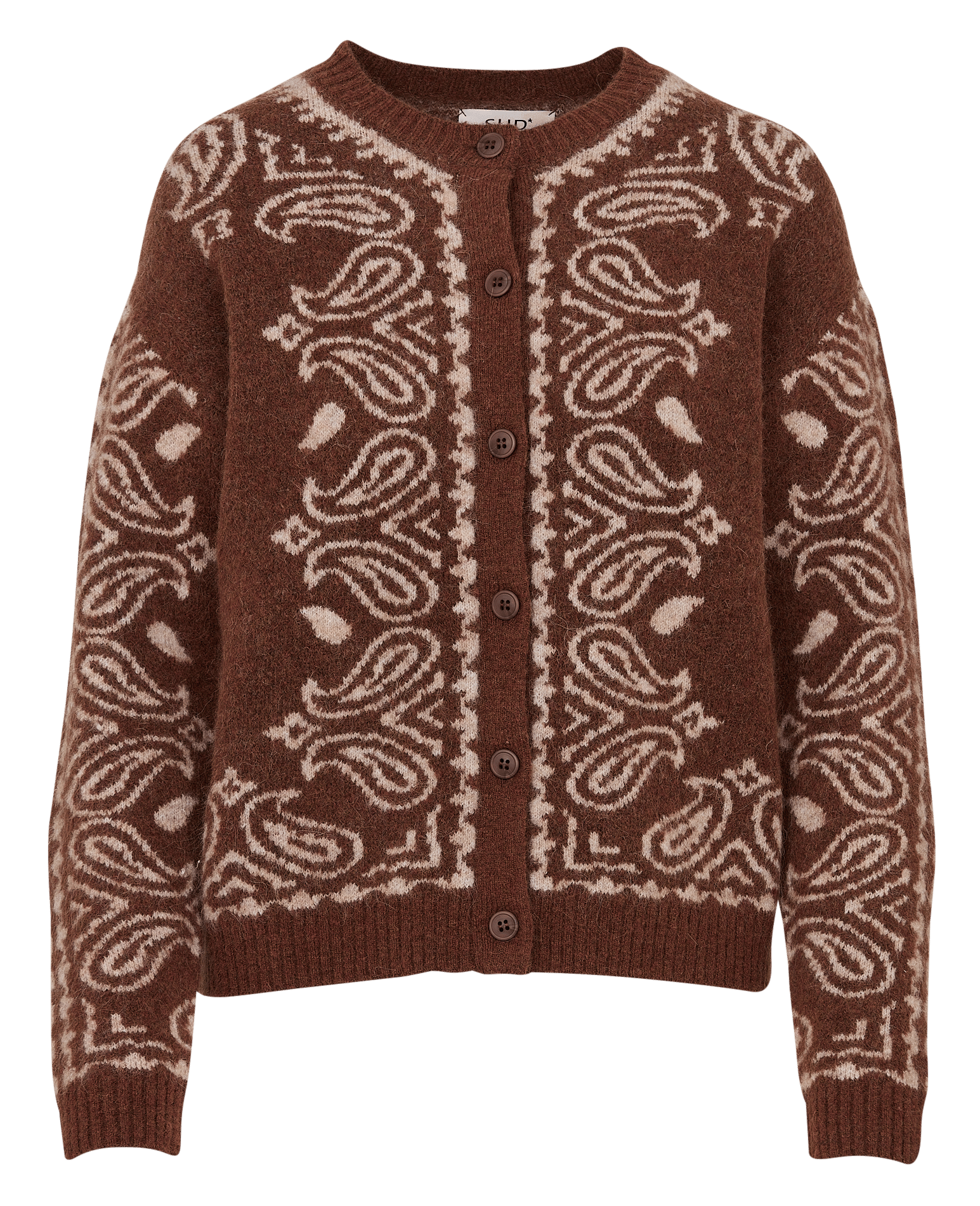 Gerade geschnittene Strickjacke mit Rundhalsausschnitt und Print SUD EXPRESS Braun