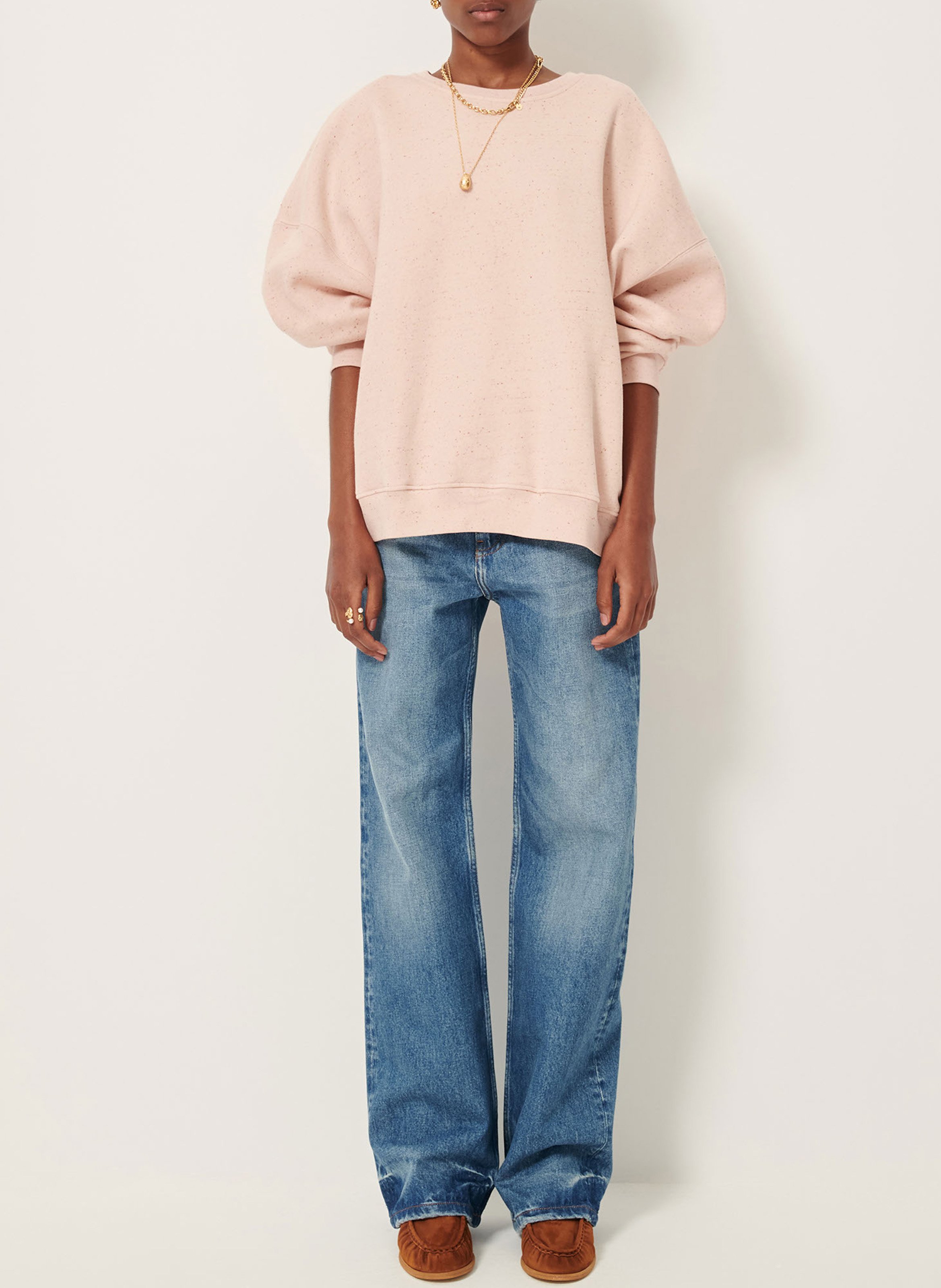 Loose-fit round-neck flecked organic cotton-blend sweater SESSUN Pink