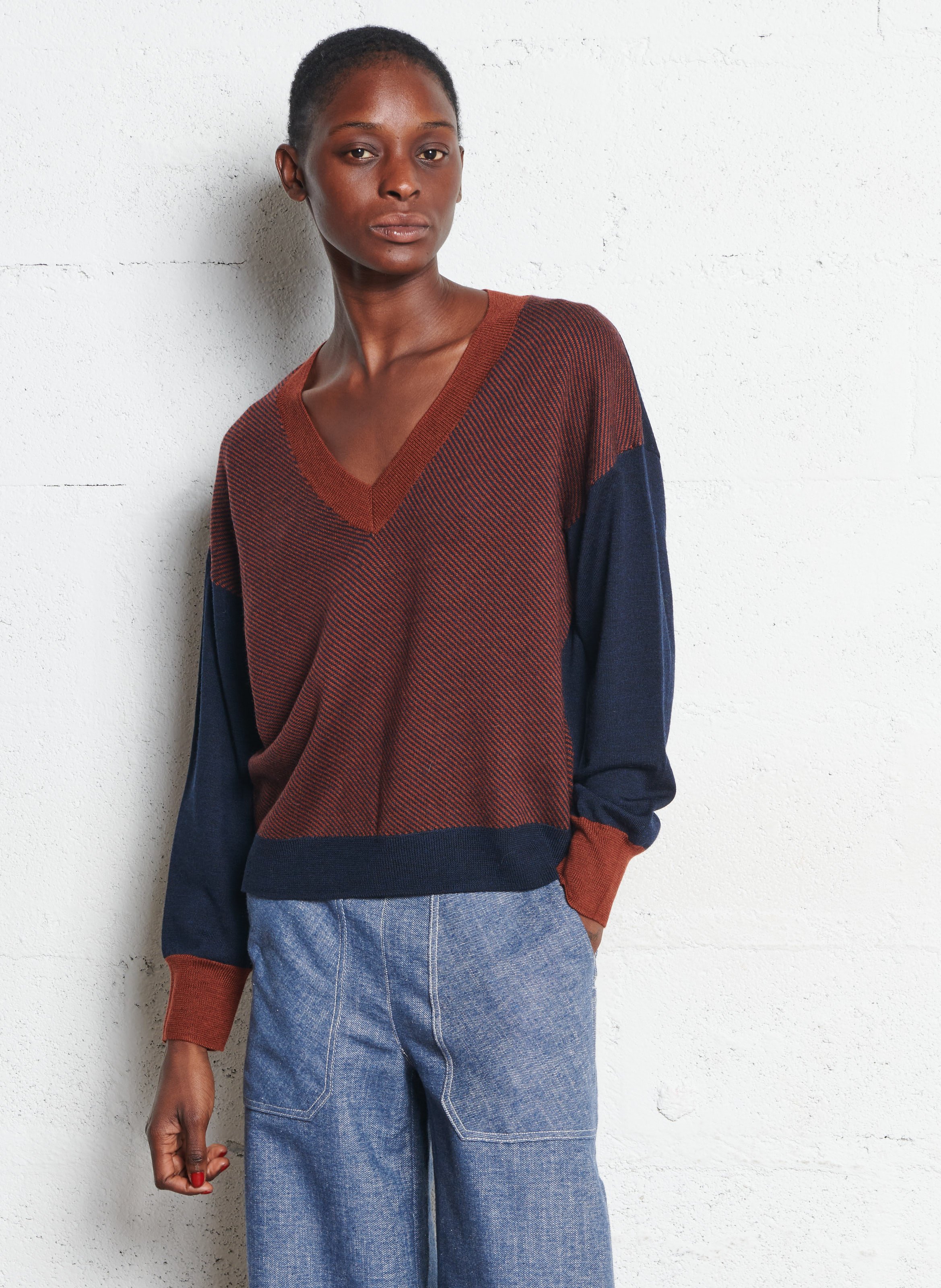 Pull droit col V en laine rayé BENSIMON Bleu