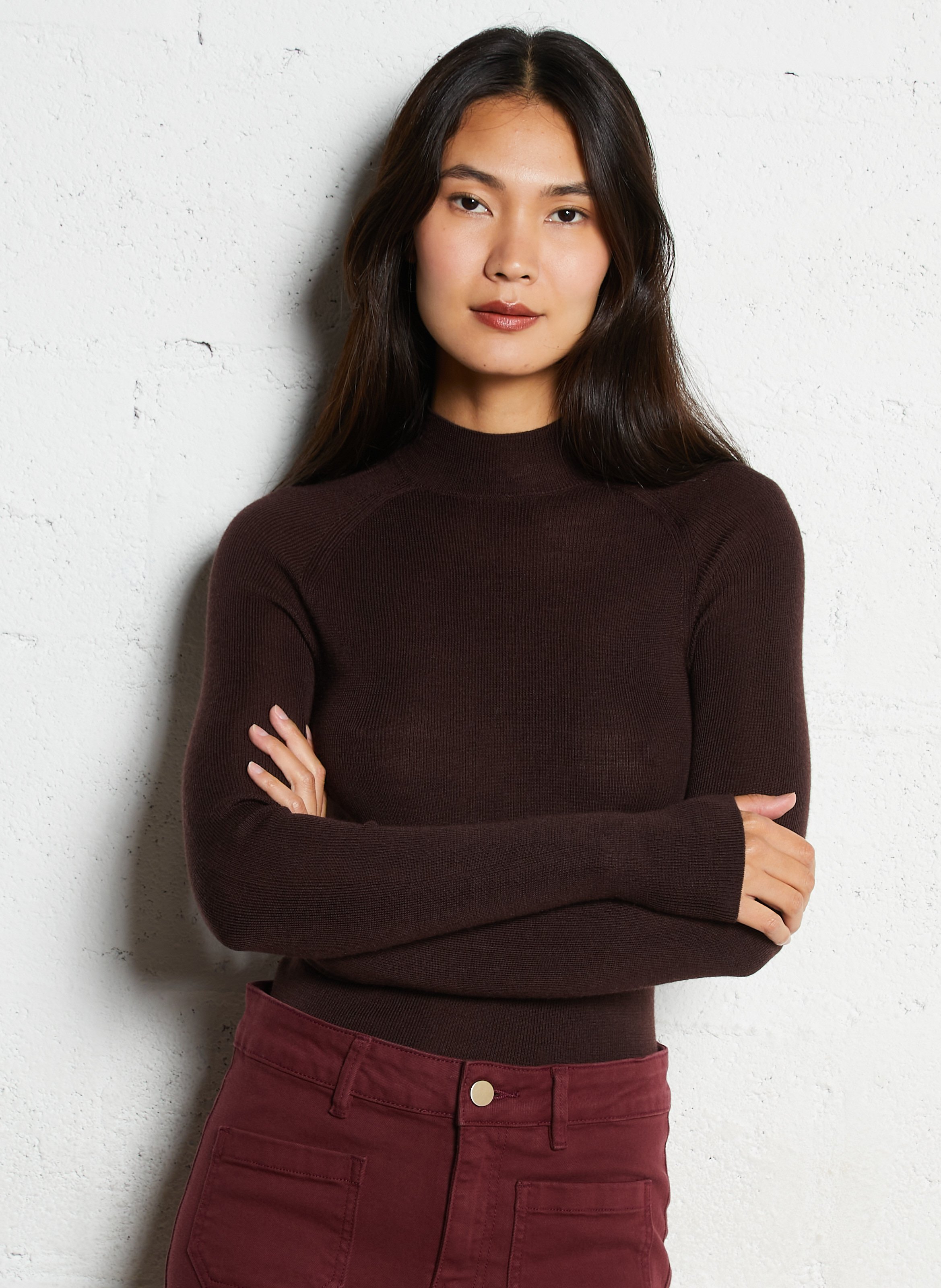 Pull fin col montant en laine et soie MAJESTIC FILATURES